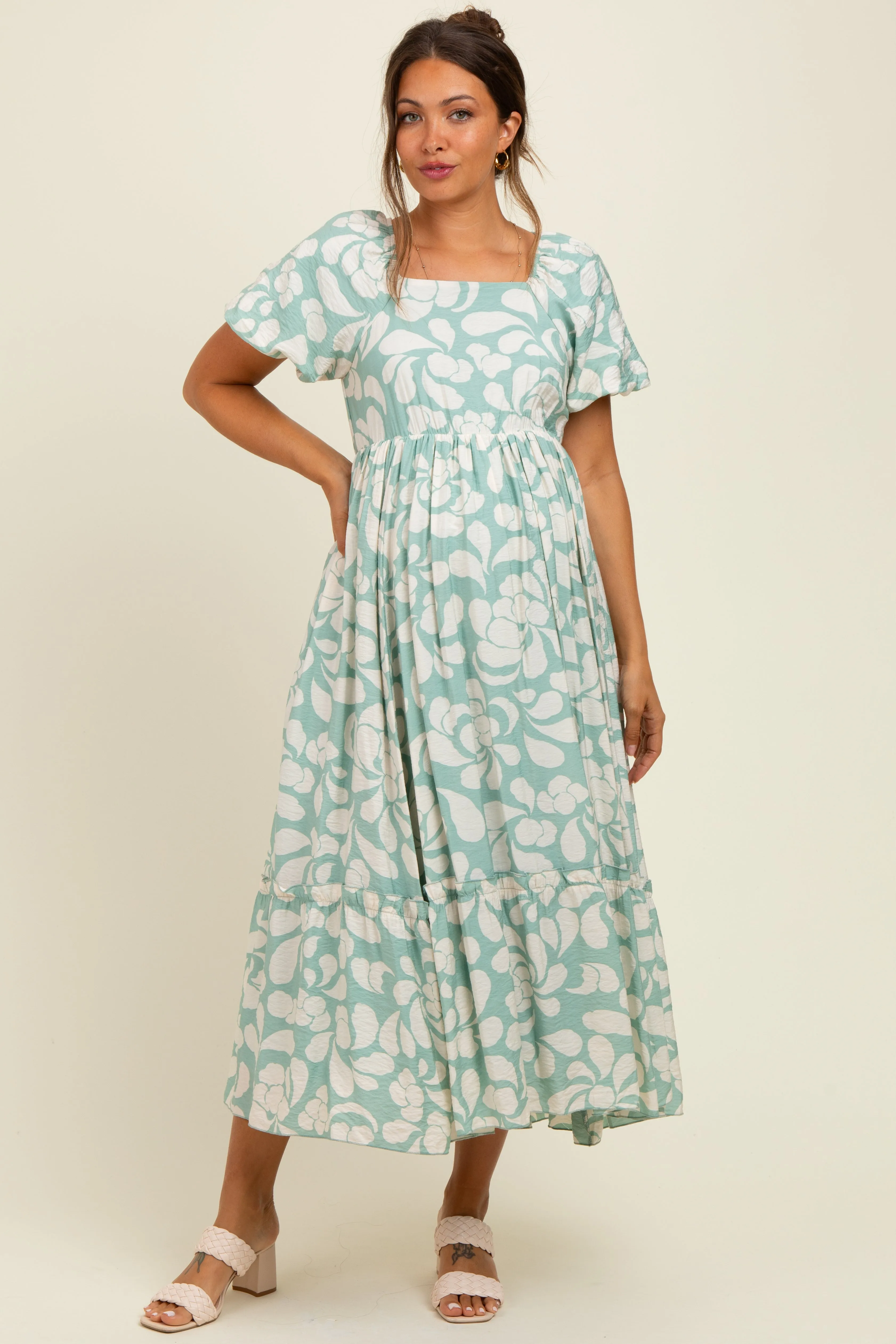 Sage Printed Square Neck Bubble Sleeve Maternity Maxi Dress sold by Pinkblush