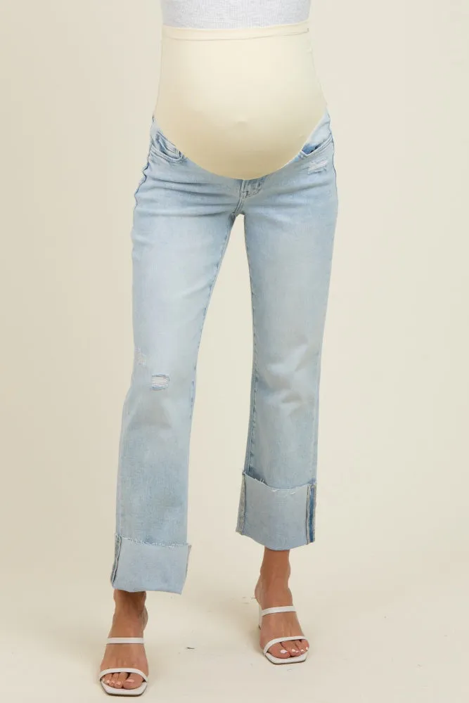 Light Blue Distressed Cropped Cuffed Maternity Straight Leg Jeans sold by Pinkblush product image thumbnail 3
