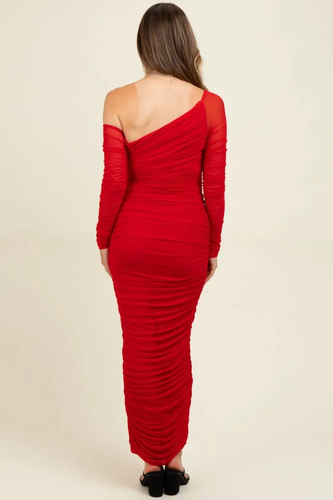 Red Ruched Mesh One Shoulder Long Sleeve Maternity Maxi Dress sold by Pinkblush product image thumbnail 3