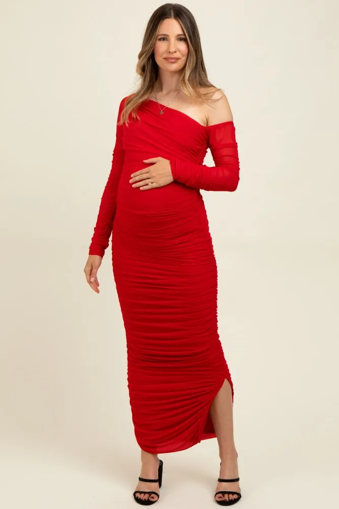 Red Ruched Mesh One Shoulder Long Sleeve Maternity Maxi Dress sold by Pinkblush