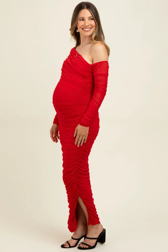 Red Ruched Mesh One Shoulder Long Sleeve Maternity Maxi Dress sold by Pinkblush product image thumbnail 2