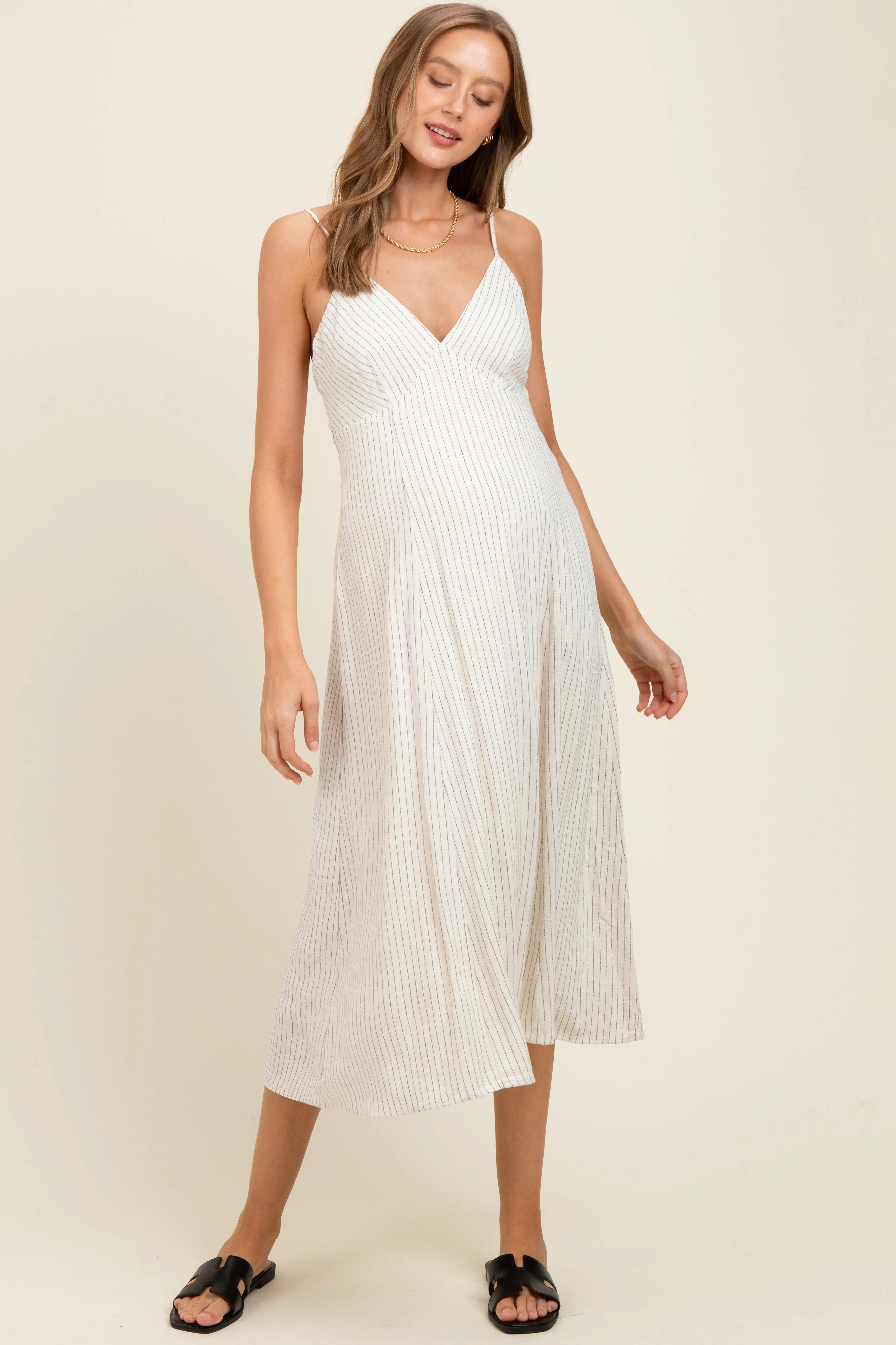 Ivory/Black Linen Striped Maternity Midi Dress sold by Pinkblush