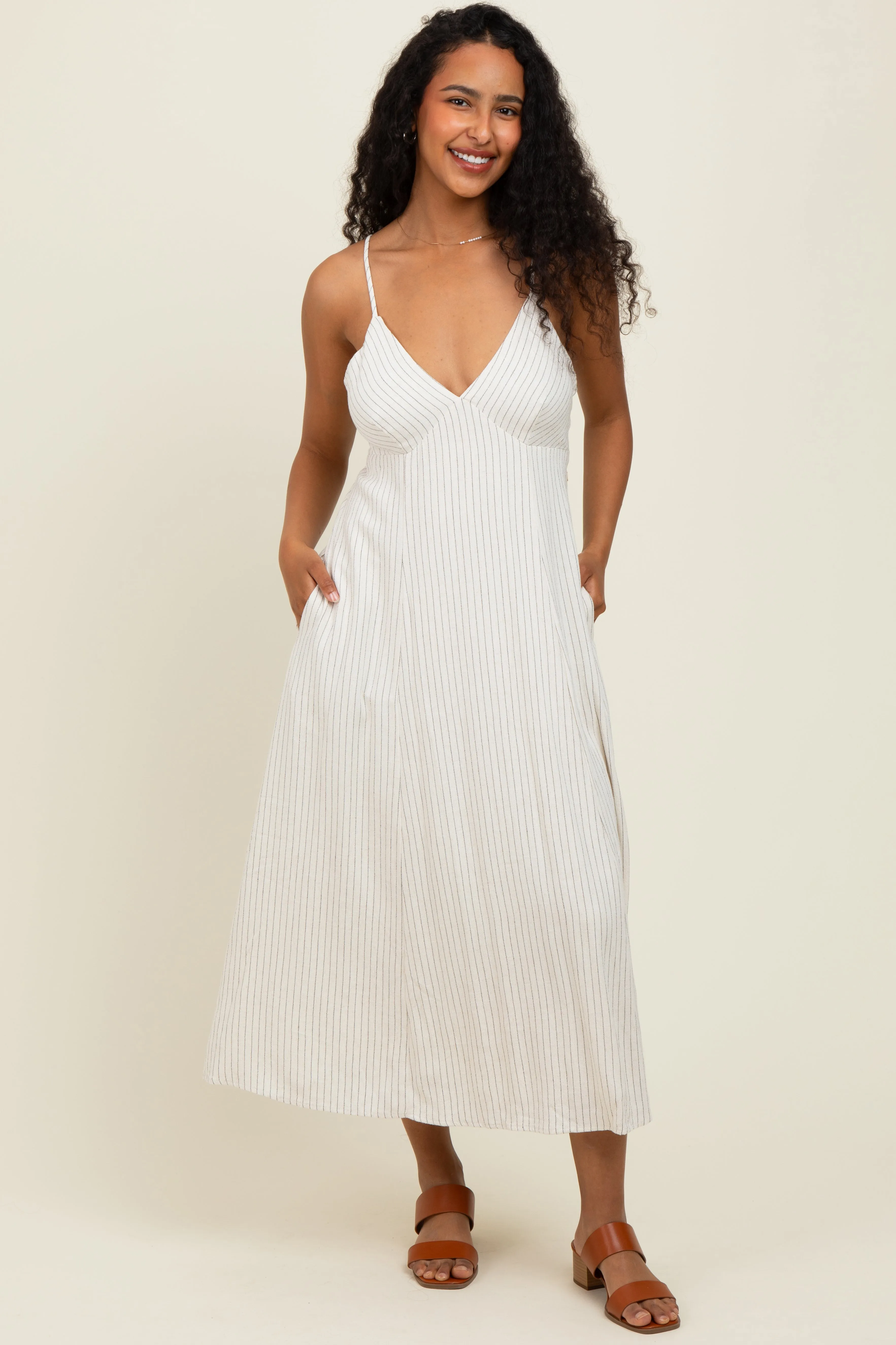 Ivory/Black Linen Striped Maternity Midi Dress sold by Pinkblush product image thumbnail 5