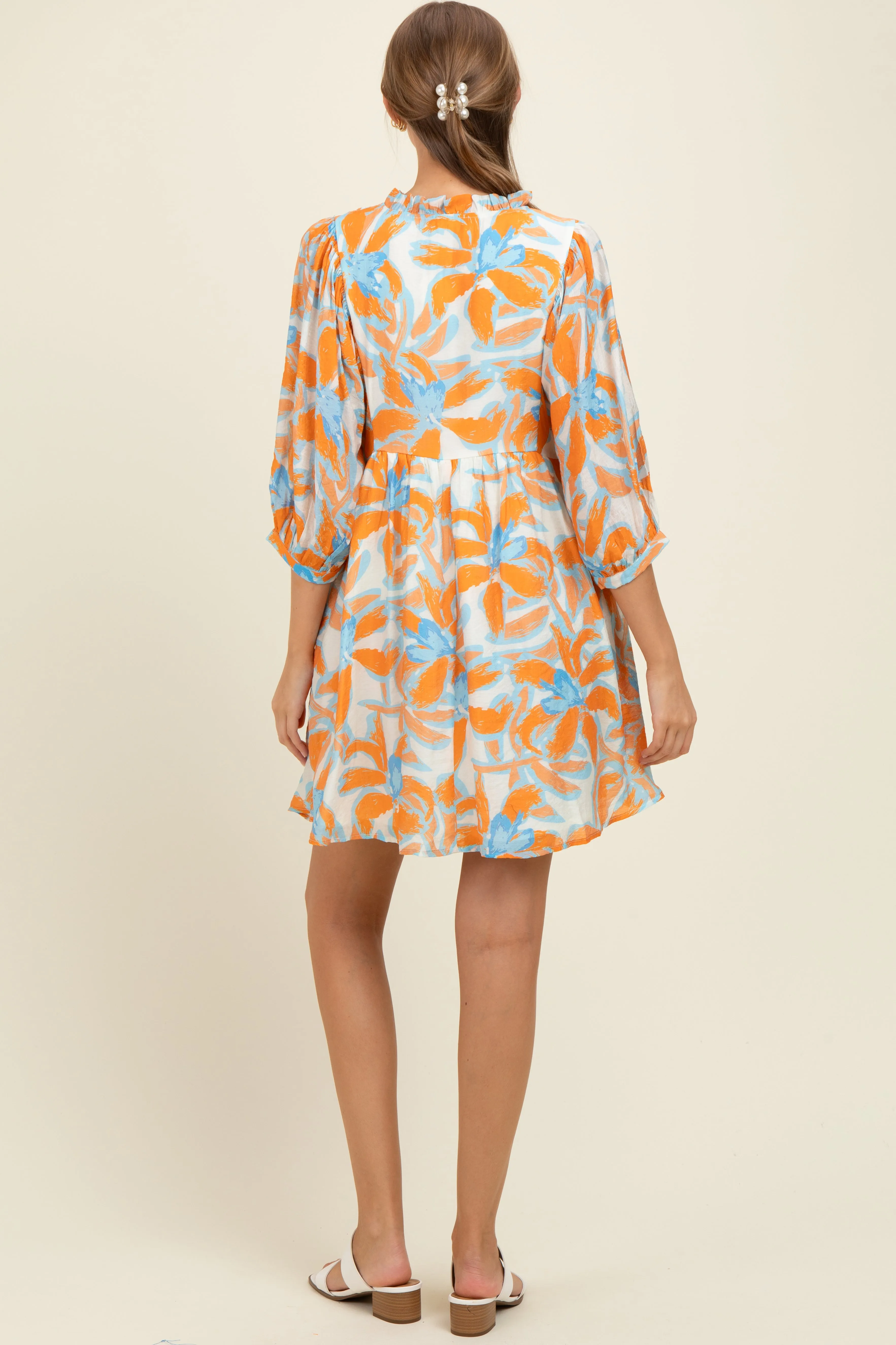 Orange Abstract Floral Front Tie 3/4 Sleeve Maternity Dress sold by Pinkblush product image thumbnail 2