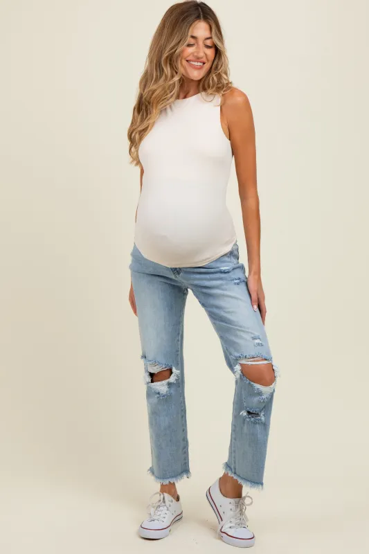 Light Blue Ripped Knee Fringe Hem Straight Leg Maternity Ankle Jeans sold by Pinkblush