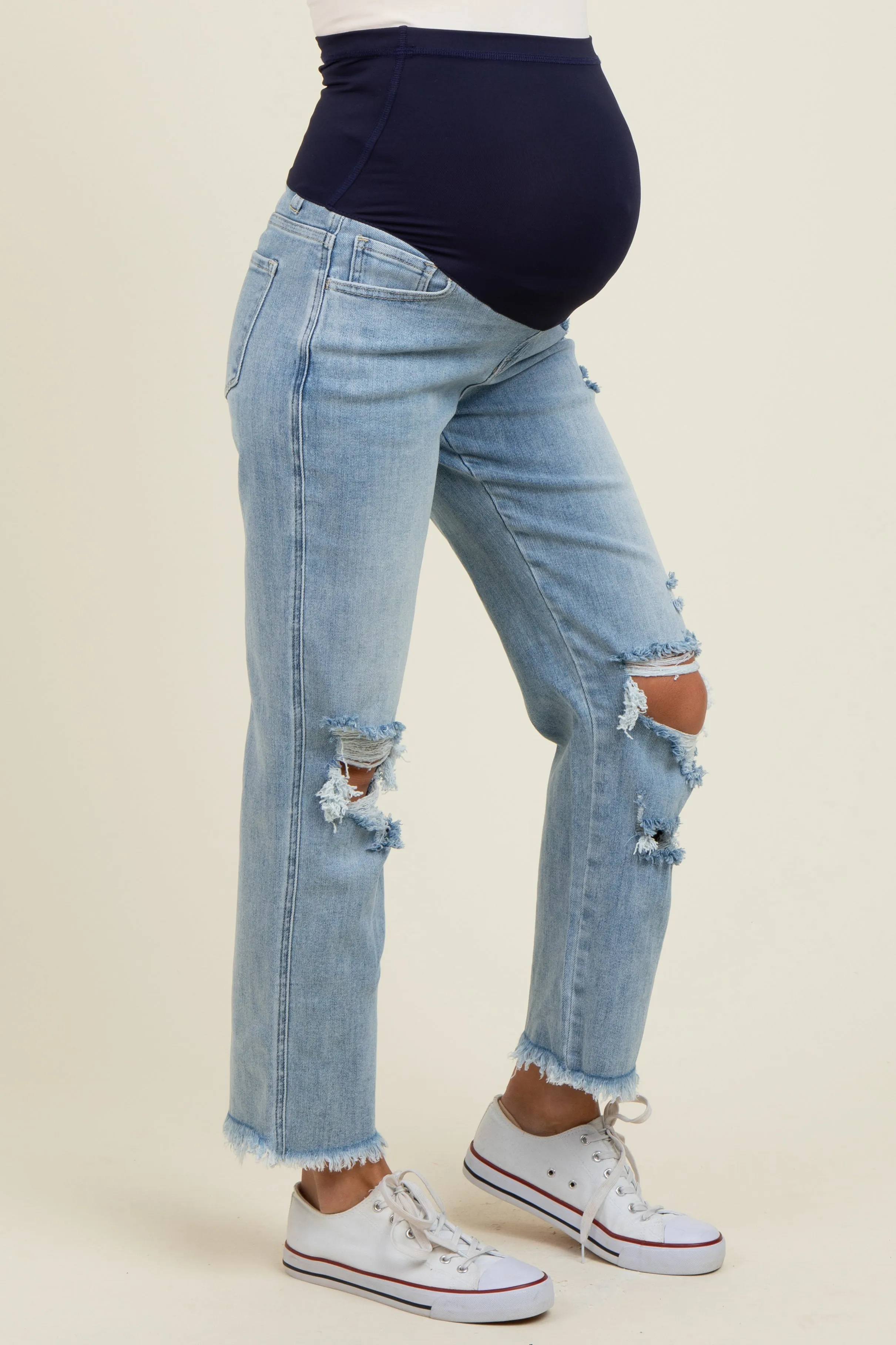 Light Blue Ripped Knee Fringe Hem Straight Leg Maternity Ankle Jeans sold by Pinkblush product image thumbnail 3