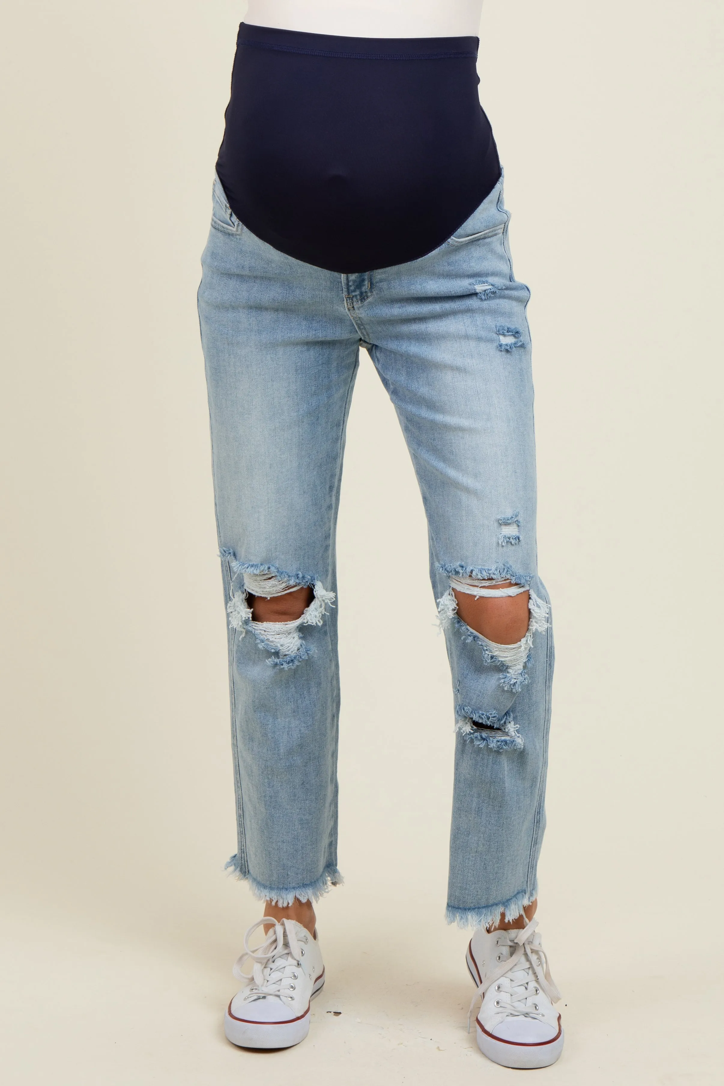 Light Blue Ripped Knee Fringe Hem Straight Leg Maternity Ankle Jeans sold by Pinkblush product image thumbnail 2