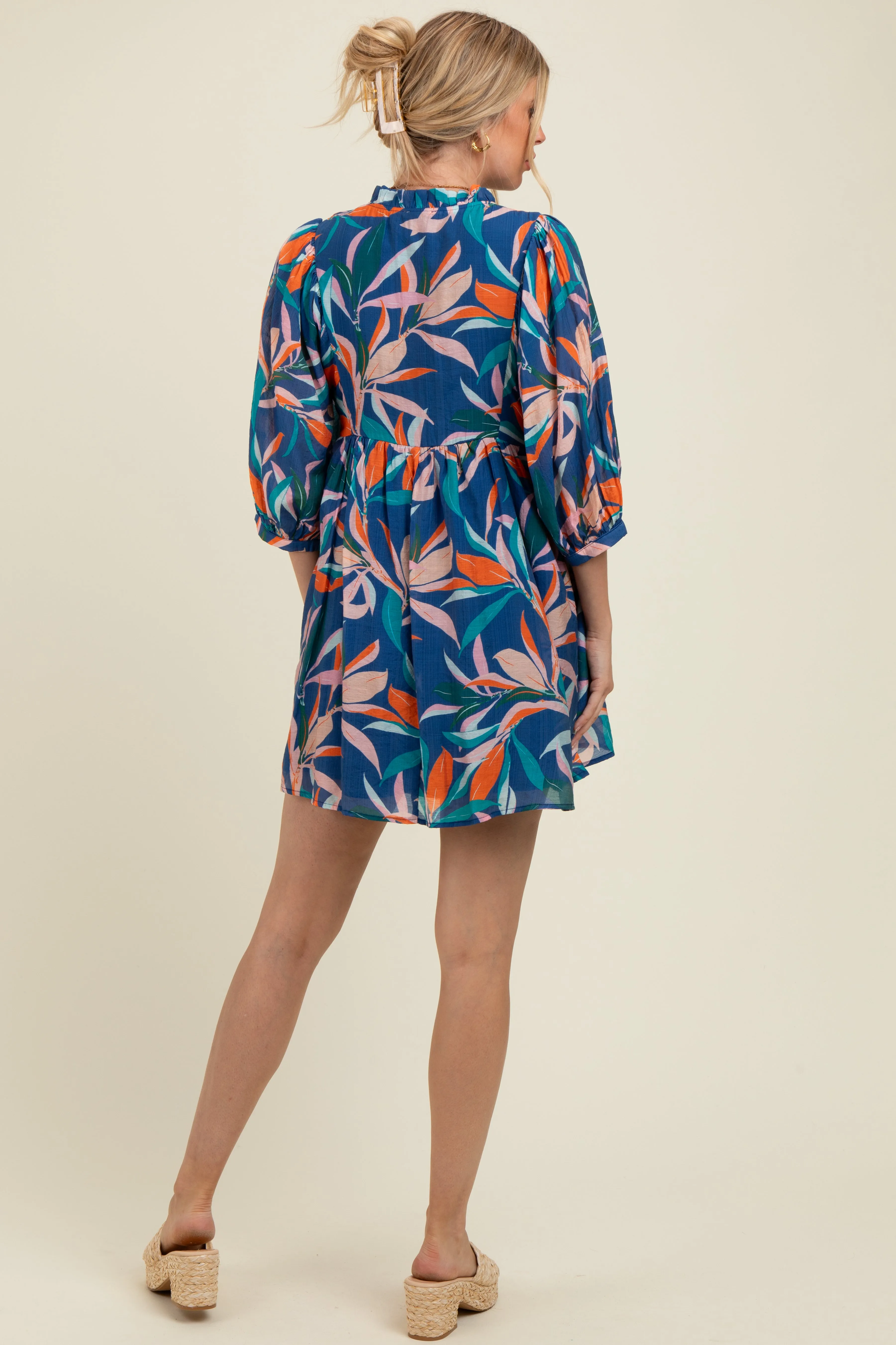 Navy Leaf Print Front Tie 3/4 Sleeve Maternity Dress sold by Pinkblush product image thumbnail 2