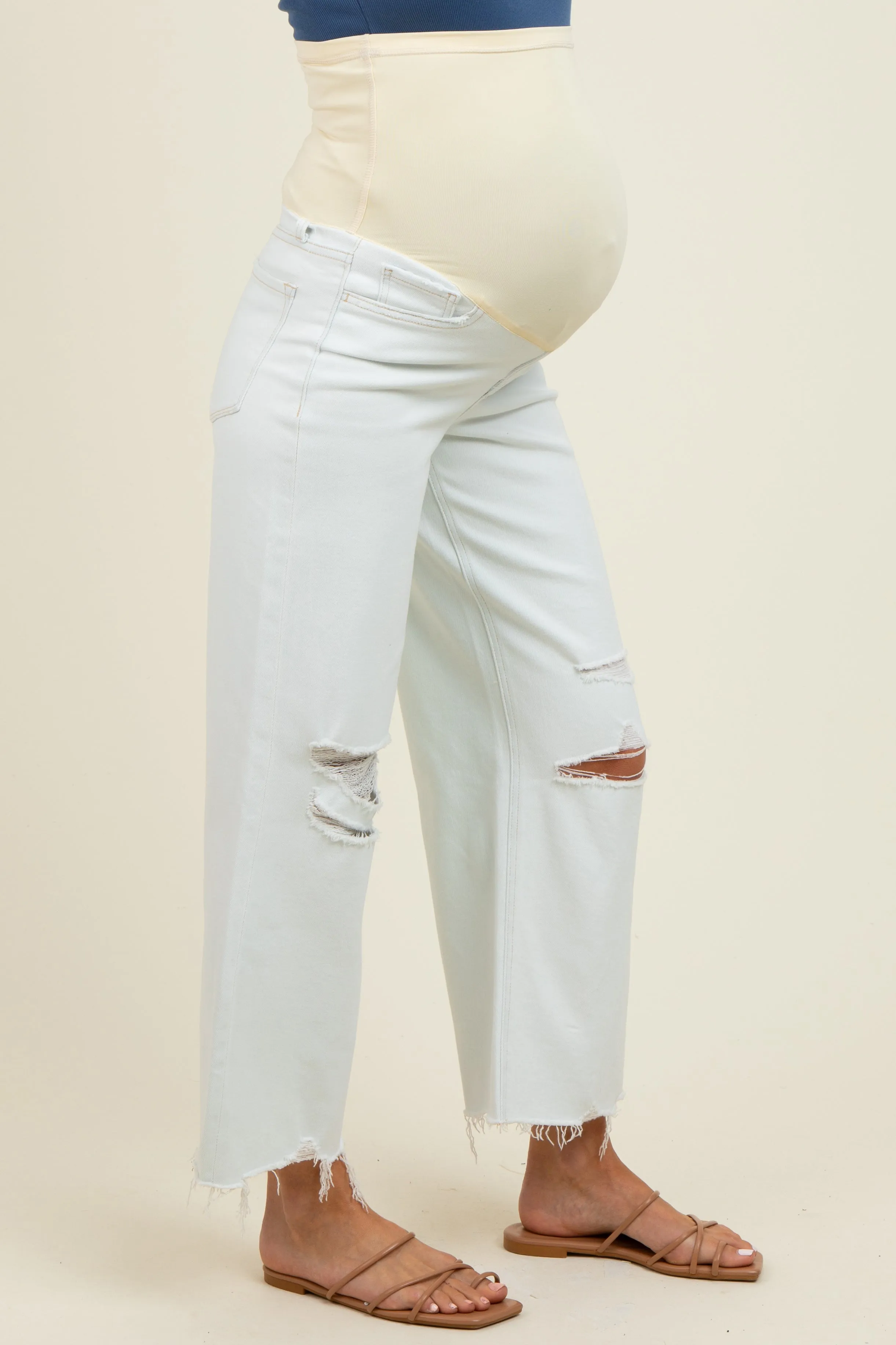 Light Blue Distressed Open Knee Cropped Wide Leg Maternity Jeans sold by Pinkblush product image thumbnail 3