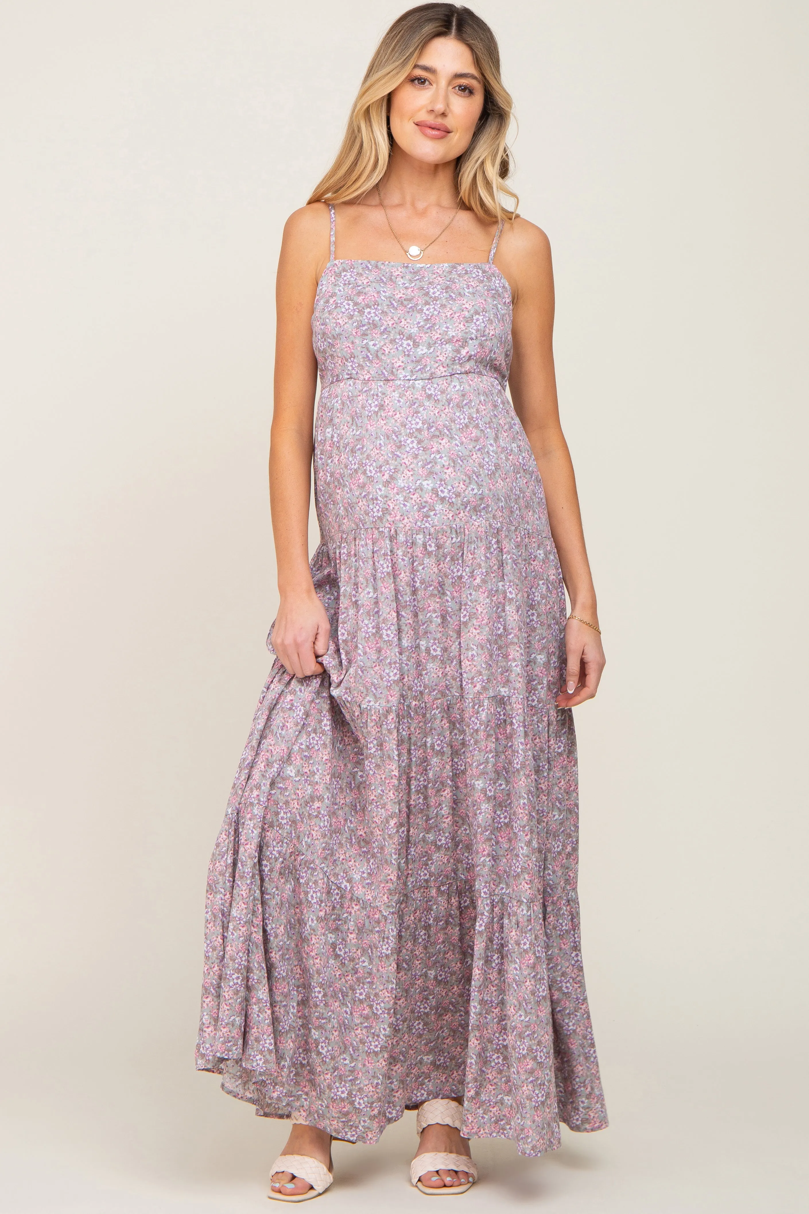 Pink Floral Tiered Maternity Maxi Dress sold by Pinkblush