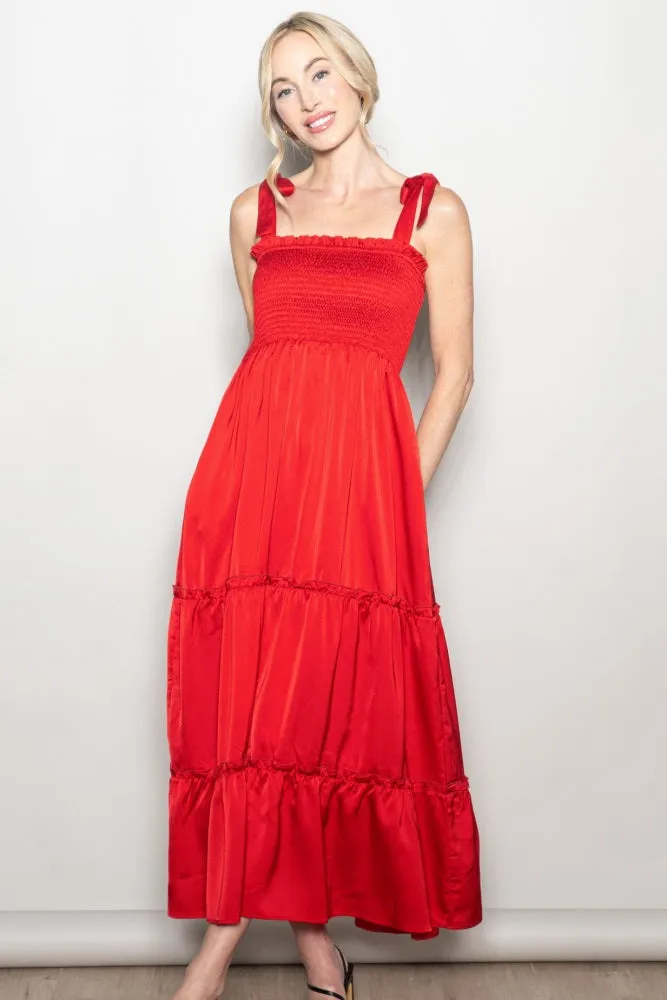 Red Satin Smocked Shoulder Tie Maxi Dress sold by Pinkblush