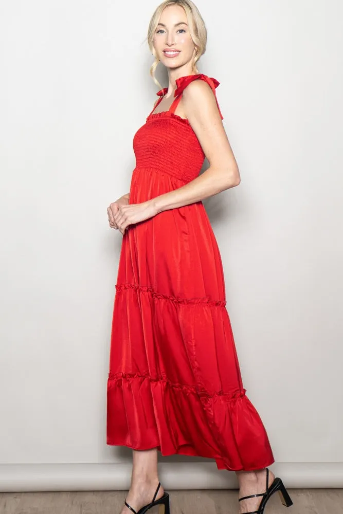 Red Satin Smocked Shoulder Tie Maxi Dress sold by Pinkblush product image thumbnail 2