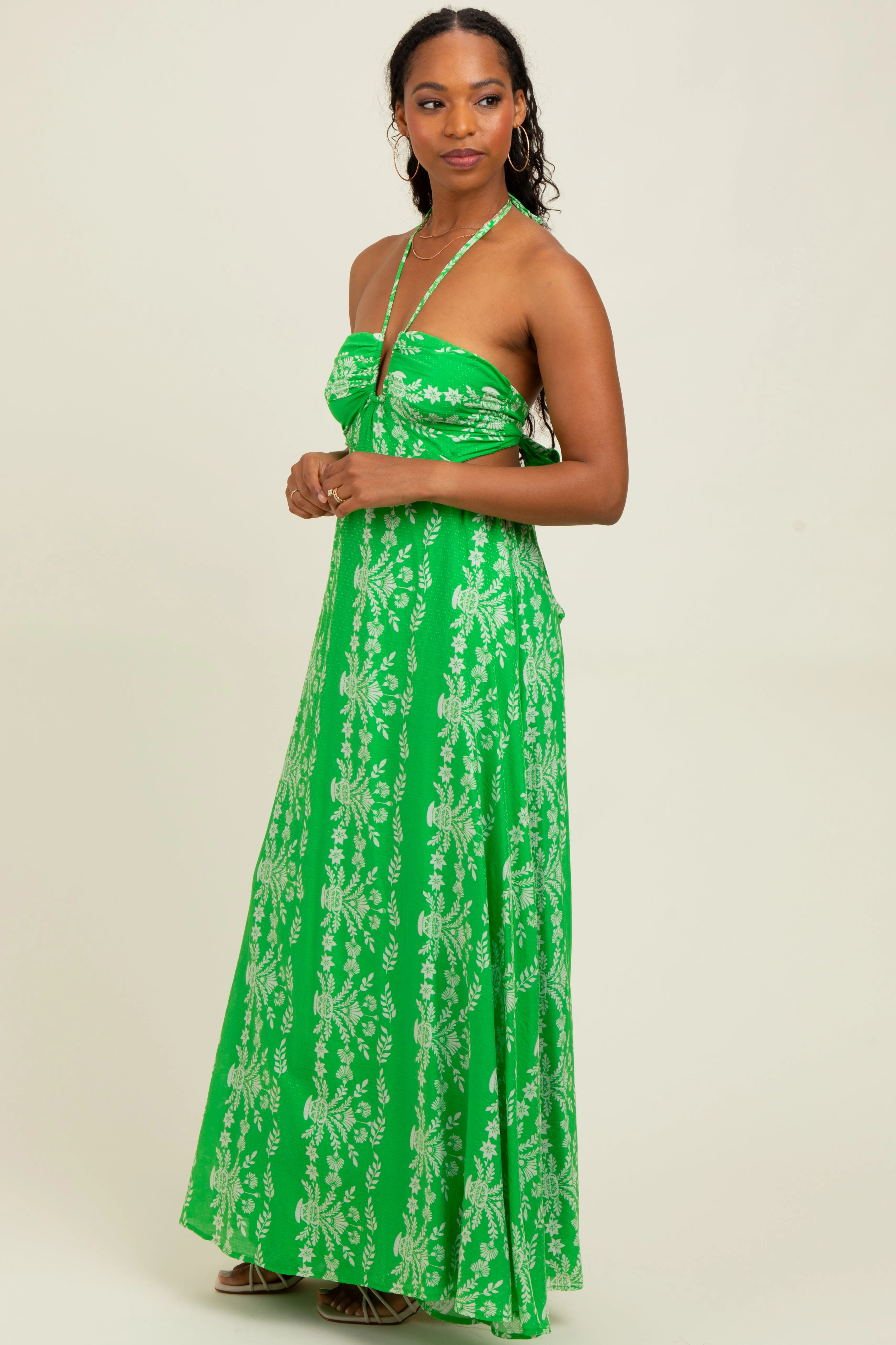 Green Floral Halter Tie Back Cutout Maxi Dress sold by Pinkblush product image thumbnail 3