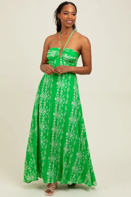 Green Floral Halter Tie Back Cutout Maxi Dress sold by Pinkblush