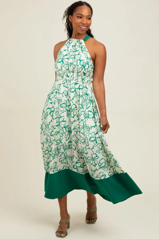 Green Floral Bow Tie Sleeveless Midi Dress sold by Pinkblush