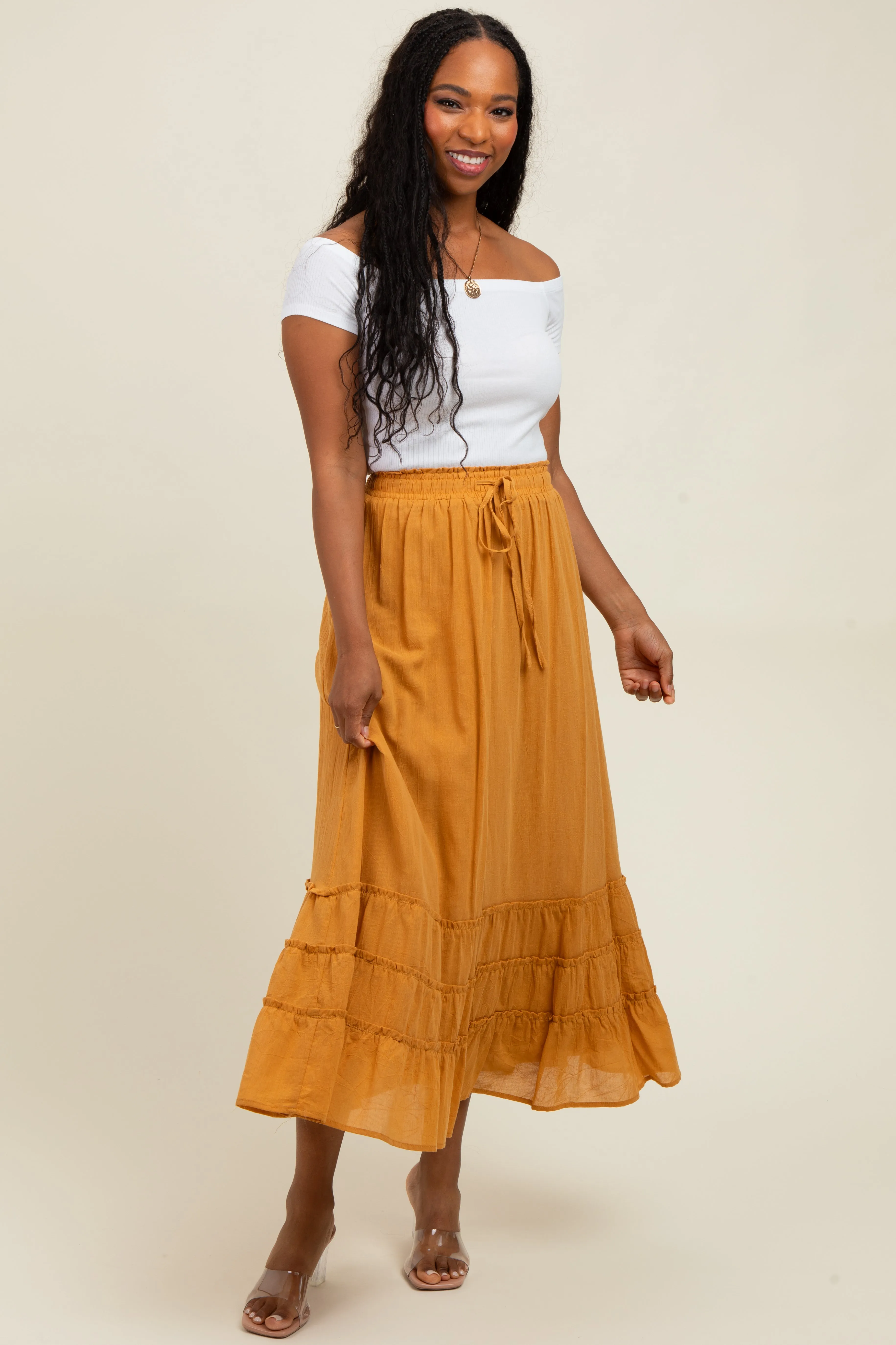 Yellow Drawstring Layered Ruffle Hem Maxi Skirt sold by Pinkblush product image thumbnail 2