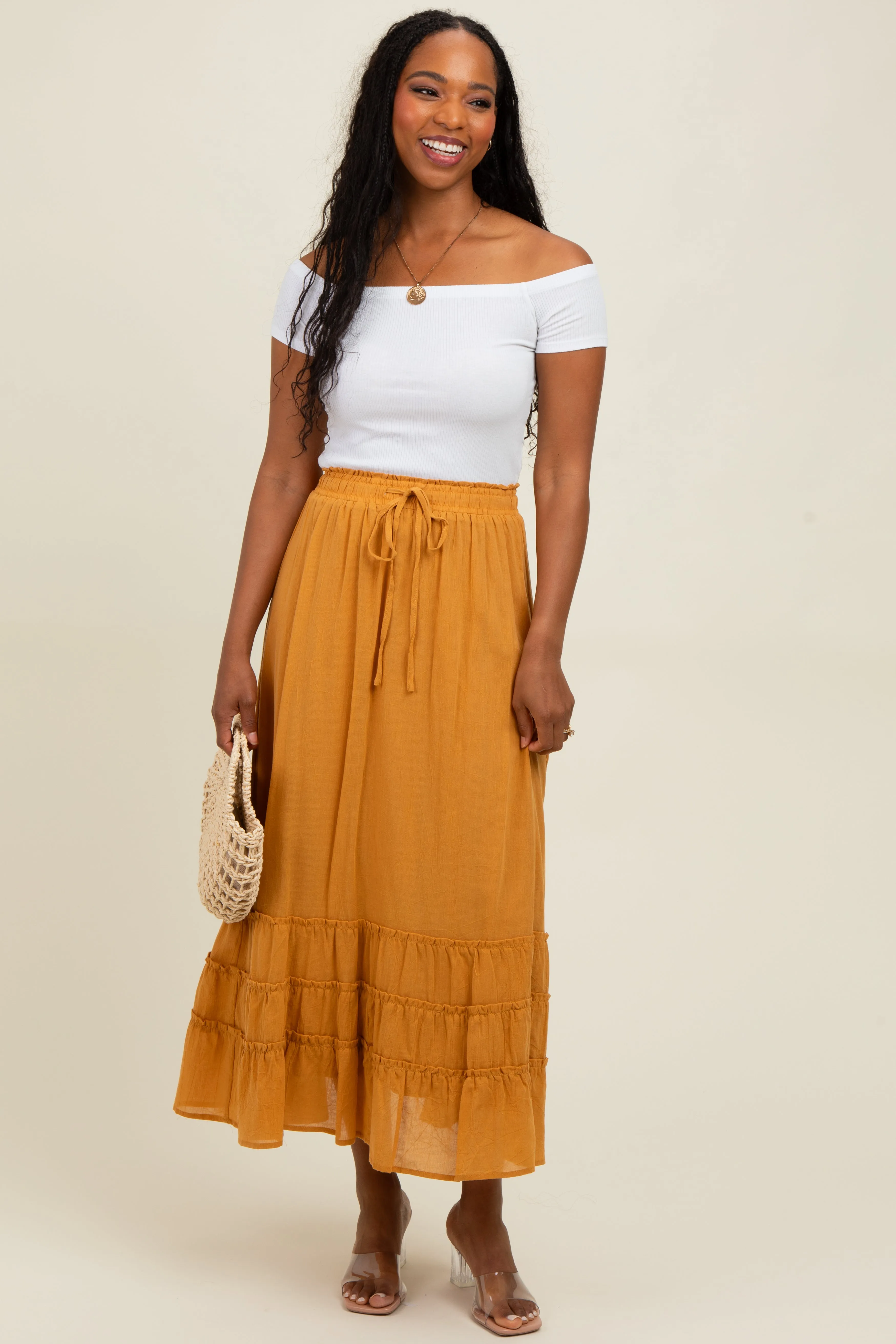 Yellow Drawstring Layered Ruffle Hem Maxi Skirt sold by Pinkblush