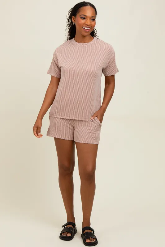 Mocha Ribbed Short Sleeve Tee and Short Set sold by Pinkblush