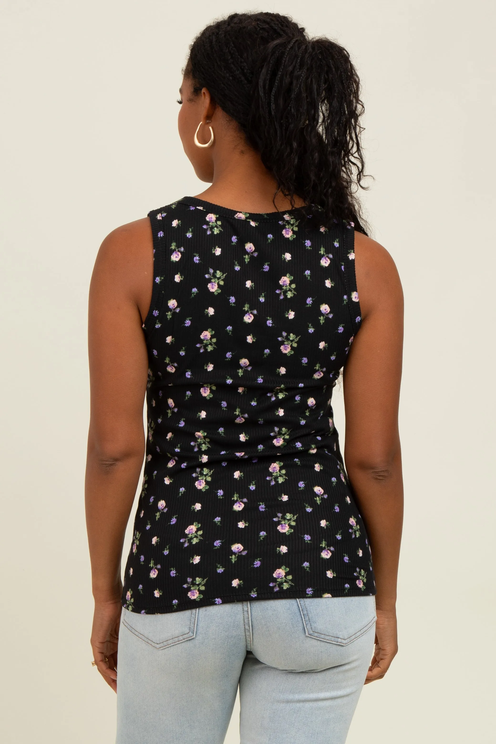 Black Floral Ribbed Button Front Tank Top sold by Pinkblush product image thumbnail 4