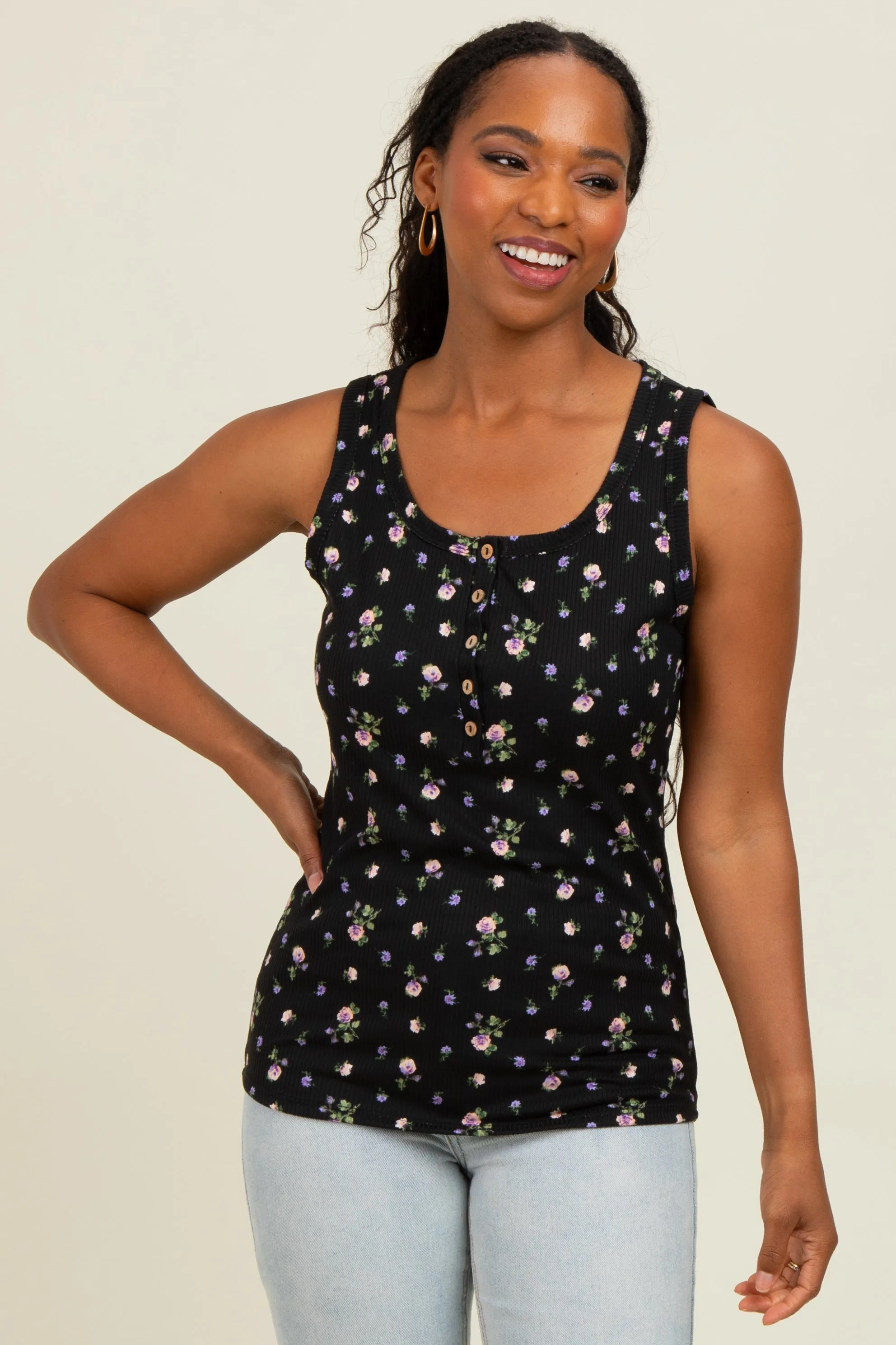 Black Floral Ribbed Button Front Tank Top sold by Pinkblush