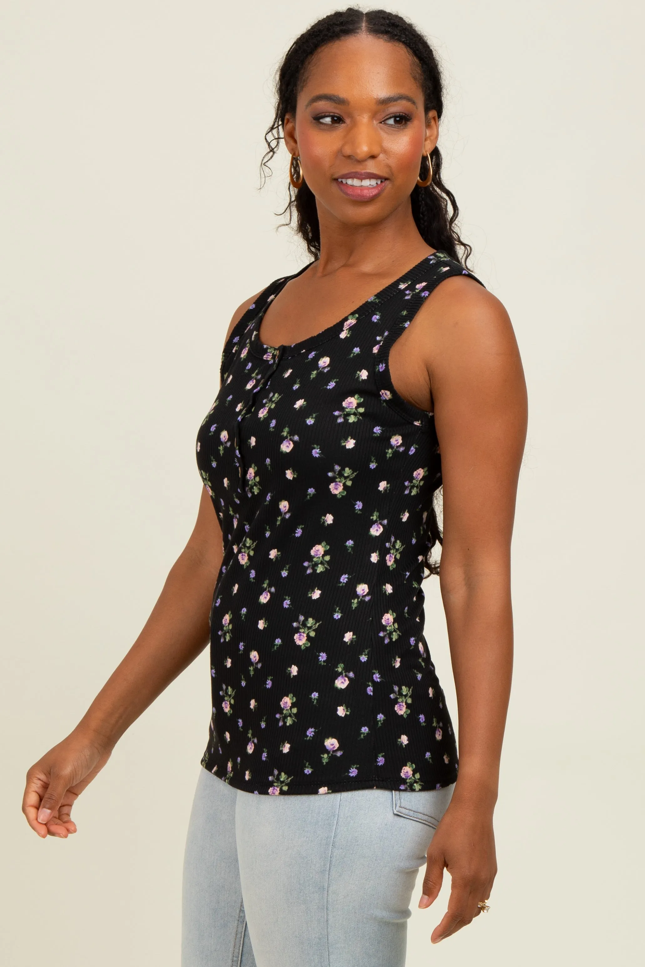 Black Floral Ribbed Button Front Tank Top sold by Pinkblush product image thumbnail 3