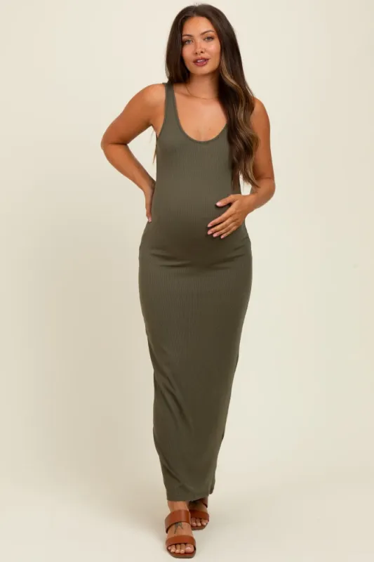 Olive Scoop Neck Sleeveless Rayon Rib Maternity Maxi Knit Dress sold by Pinkblush
