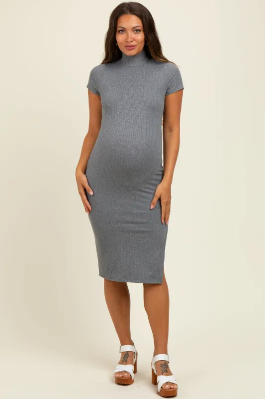 Heather Grey Mock Neck Short Sleeve Maternity Dress sold by Pinkblush