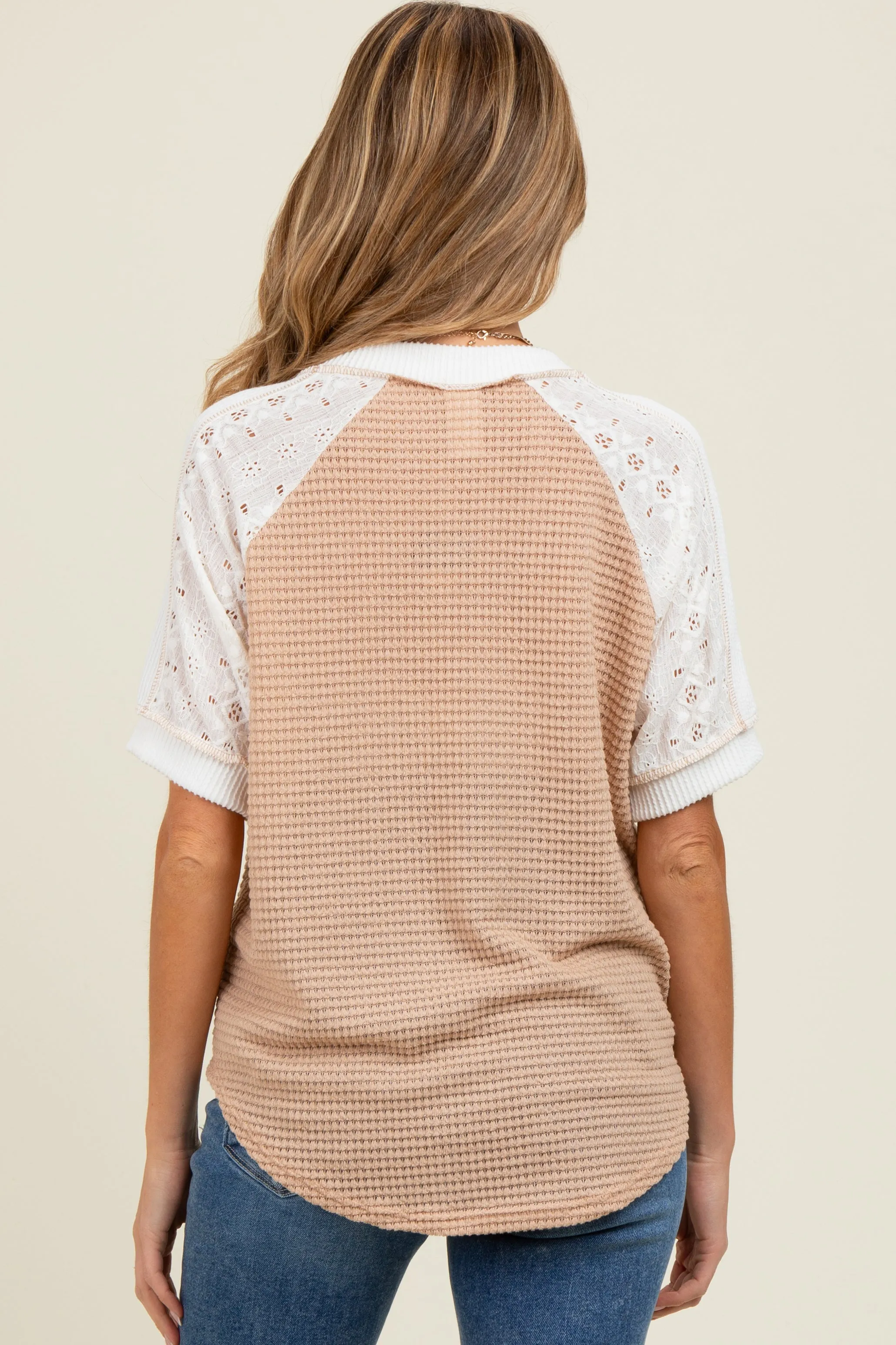 Beige Lace Inset V-Neck Short Sleeve Maternity Top sold by Pinkblush product image thumbnail 3