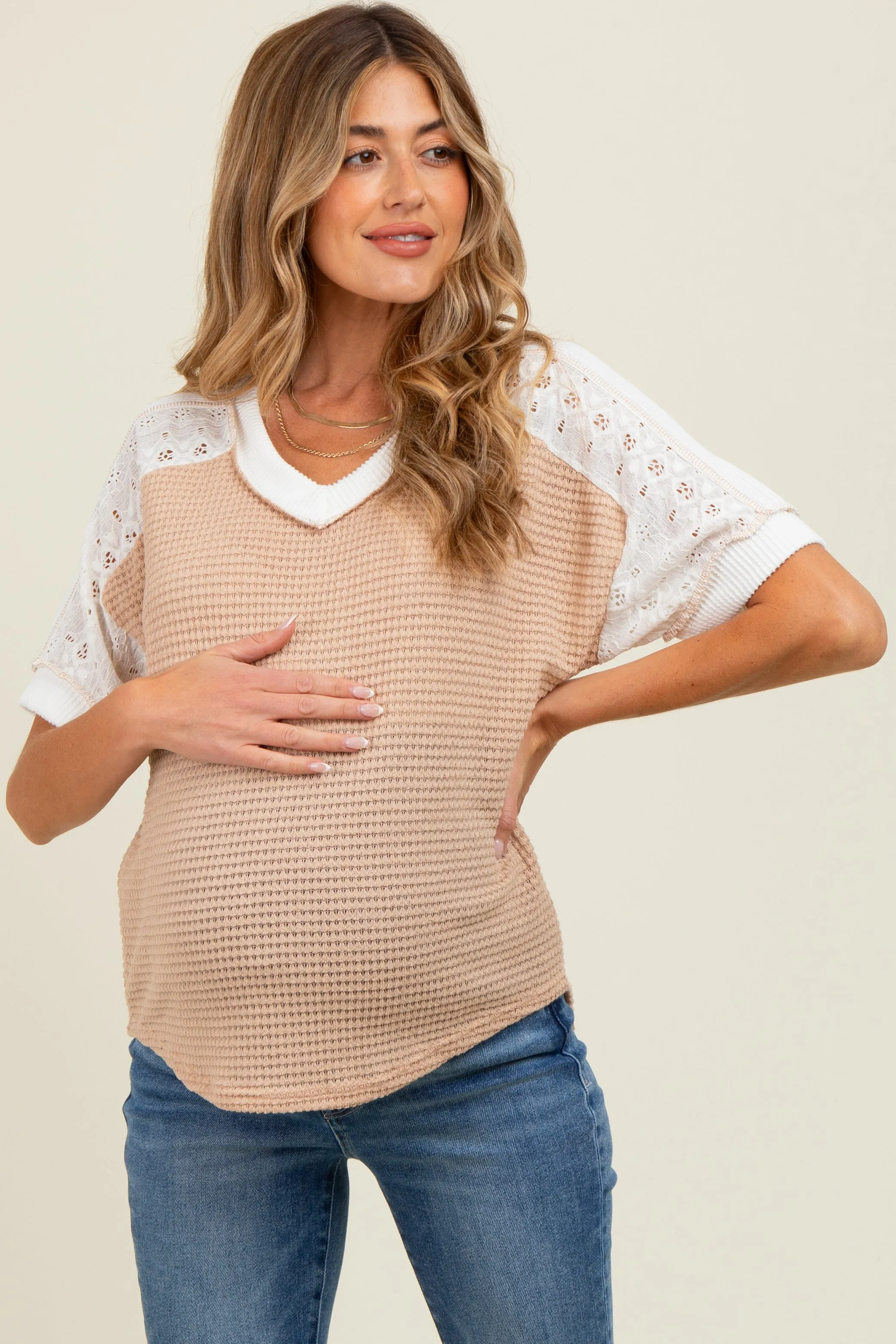 Beige Lace Inset V-Neck Short Sleeve Maternity Top sold by Pinkblush