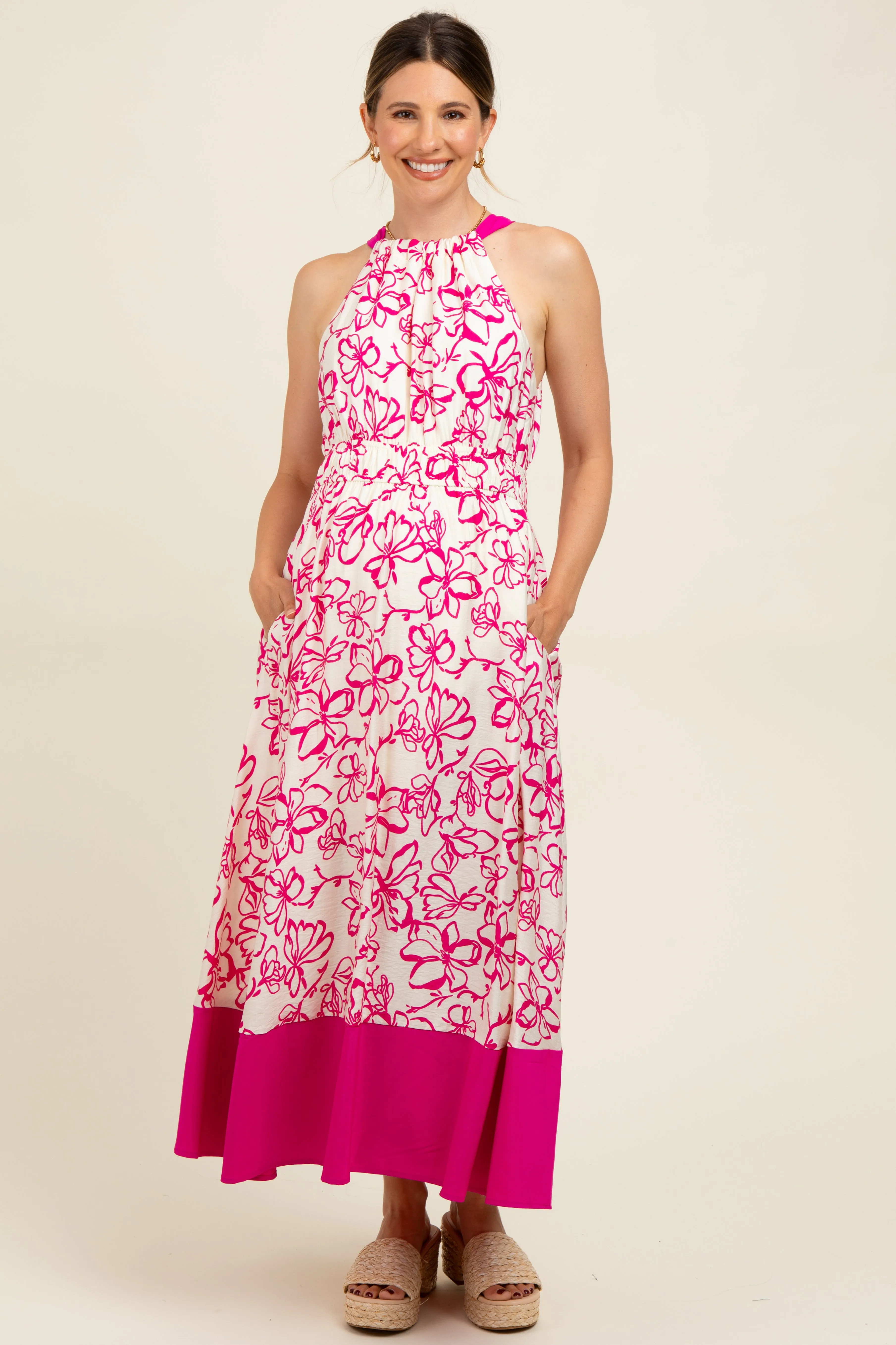 Fuchsia Floral Bow Tie Sleeveless Maternity Midi Dress sold by Pinkblush