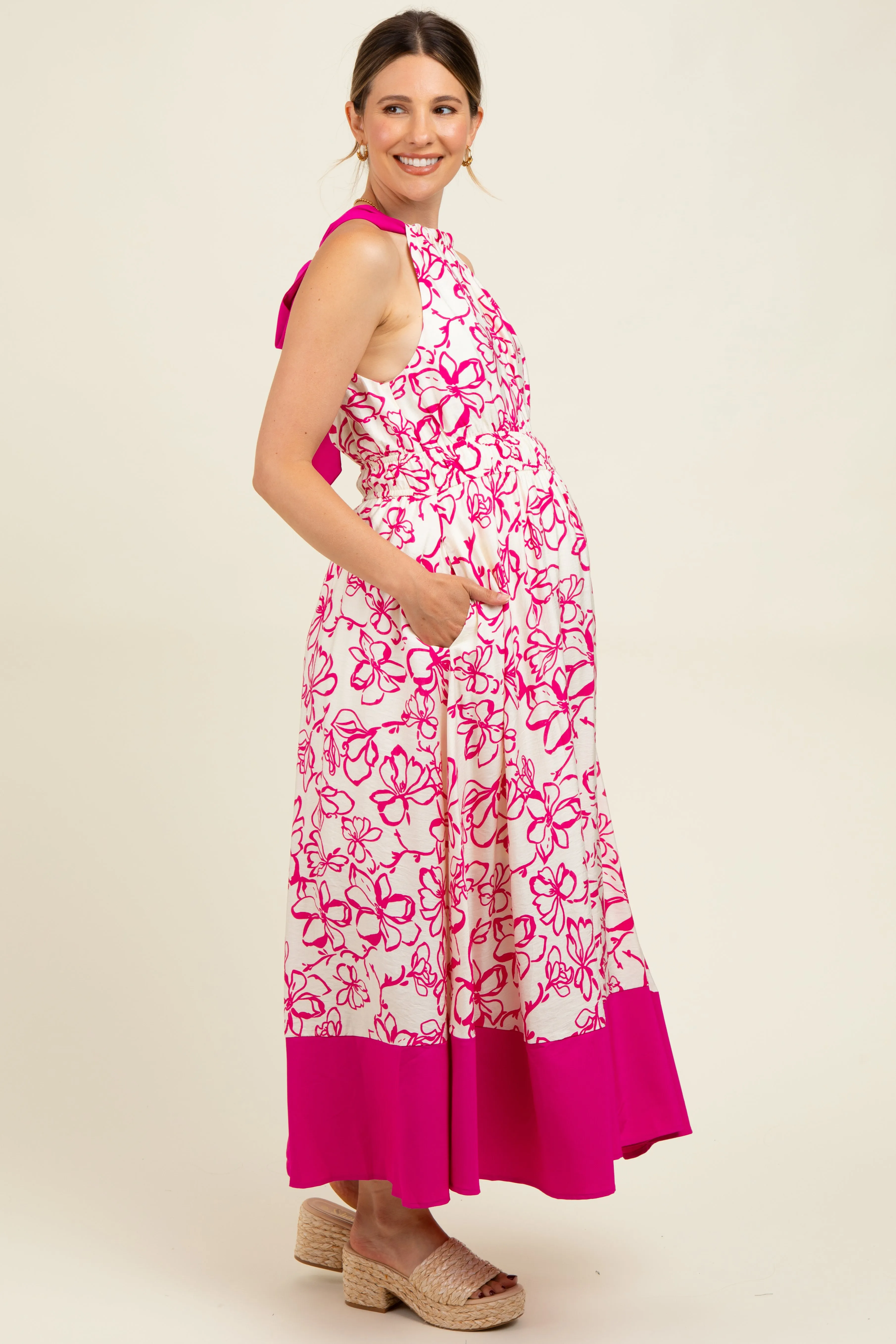 Fuchsia Floral Bow Tie Sleeveless Maternity Midi Dress sold by Pinkblush product image thumbnail 2
