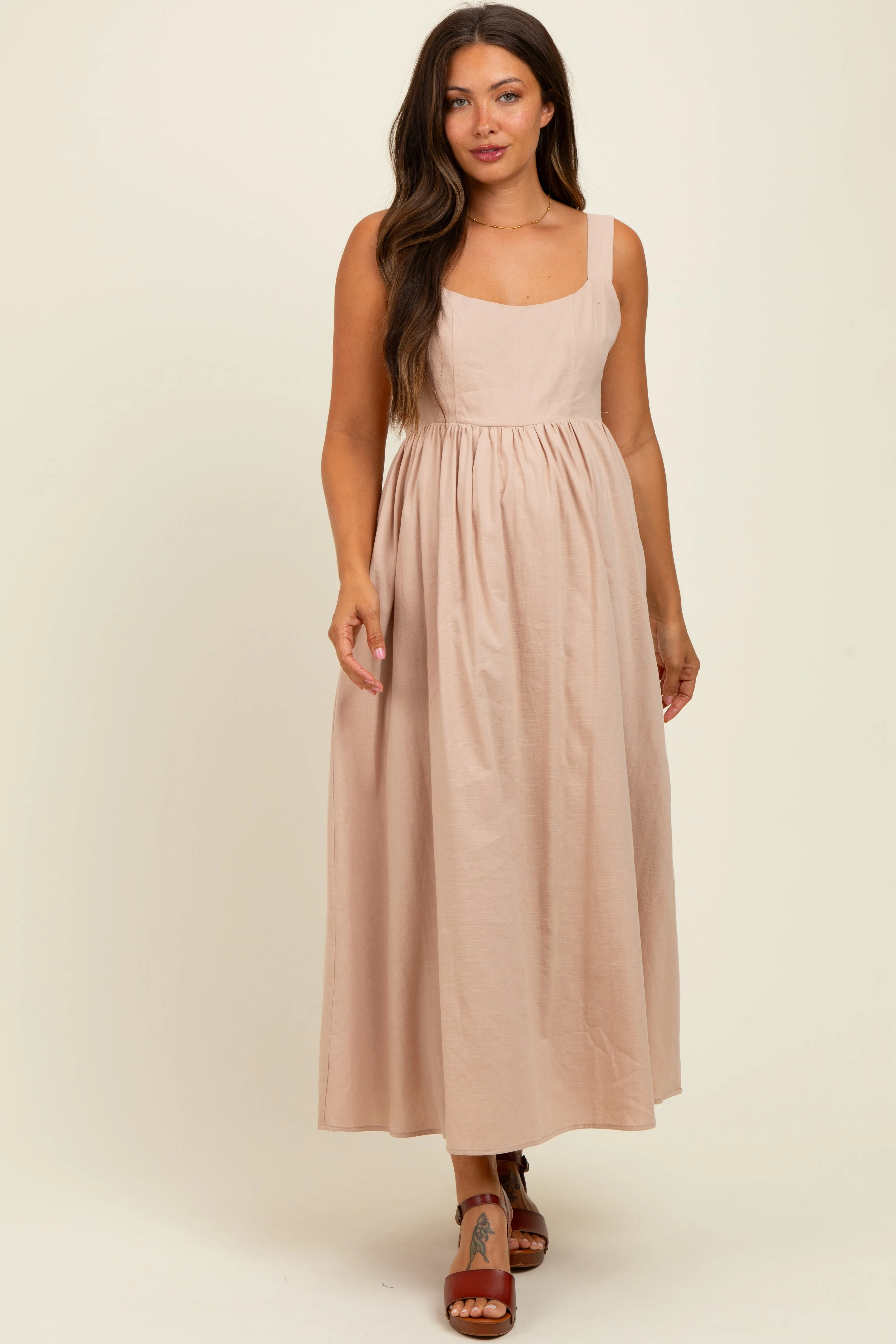 Beige Square Neck Fit And Flare Maternity Midi Dress sold by Pinkblush product image thumbnail 2