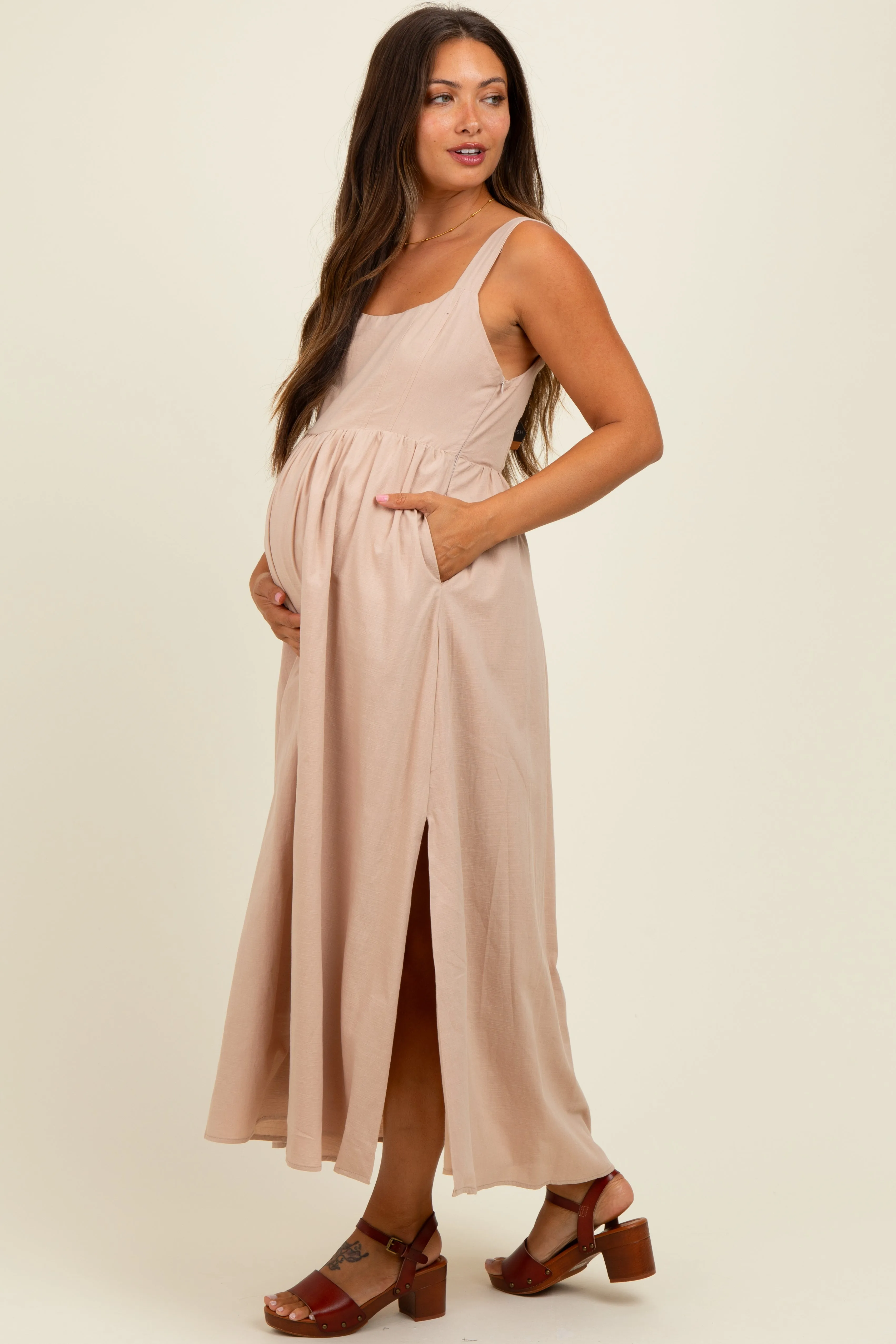 Beige Square Neck Fit And Flare Maternity Midi Dress sold by Pinkblush product image thumbnail 3