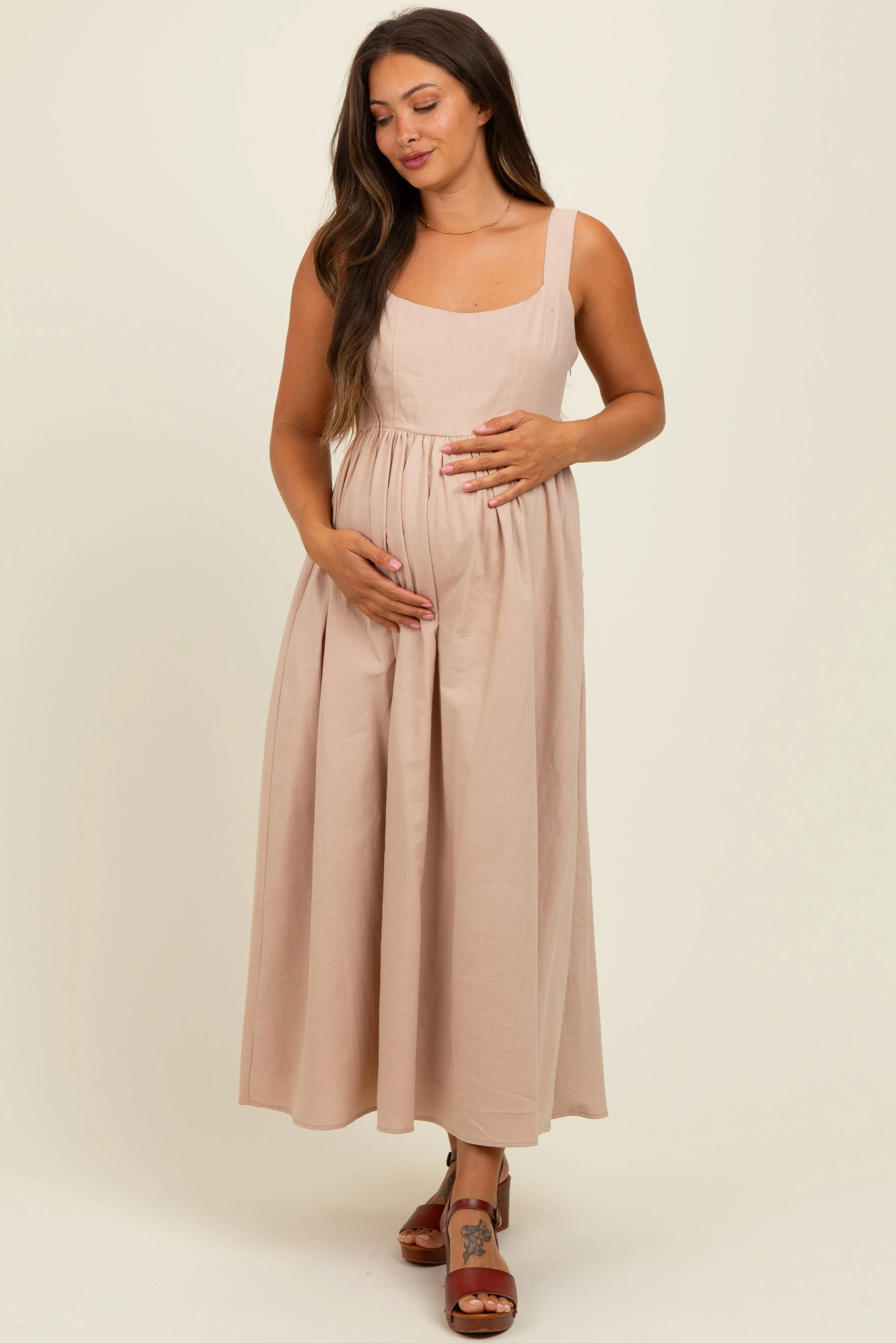 Beige Square Neck Fit And Flare Maternity Midi Dress sold by Pinkblush