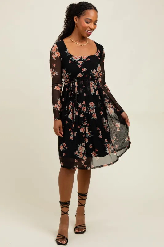 Black Floral Square Neck Long Sleeve Dress sold by Pinkblush