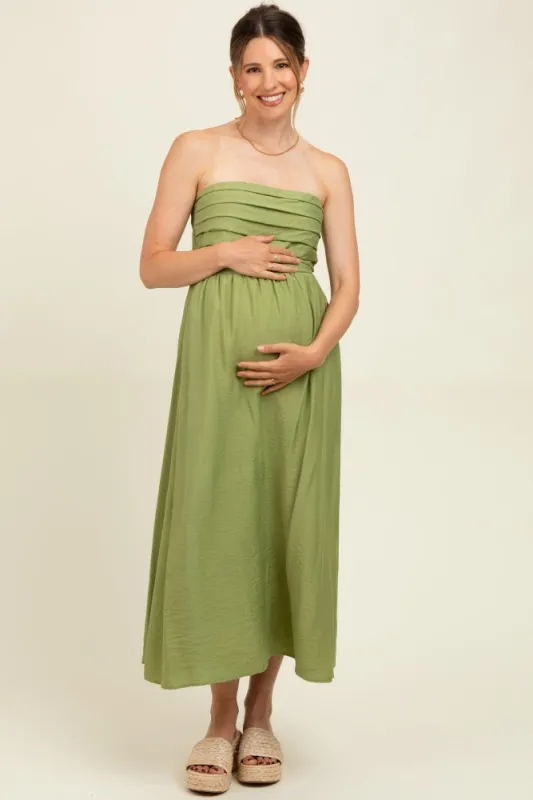 Light Olive Pleated Bodice Strapless Maternity Midi Dress sold by Pinkblush