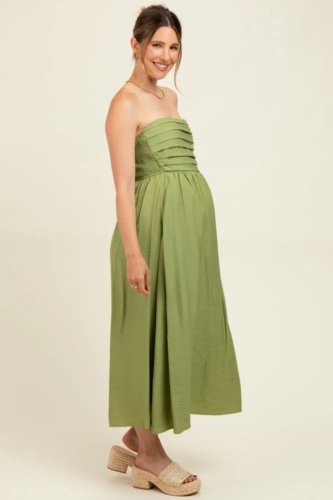 Light Olive Pleated Bodice Strapless Maternity Midi Dress sold by Pinkblush product image thumbnail 3