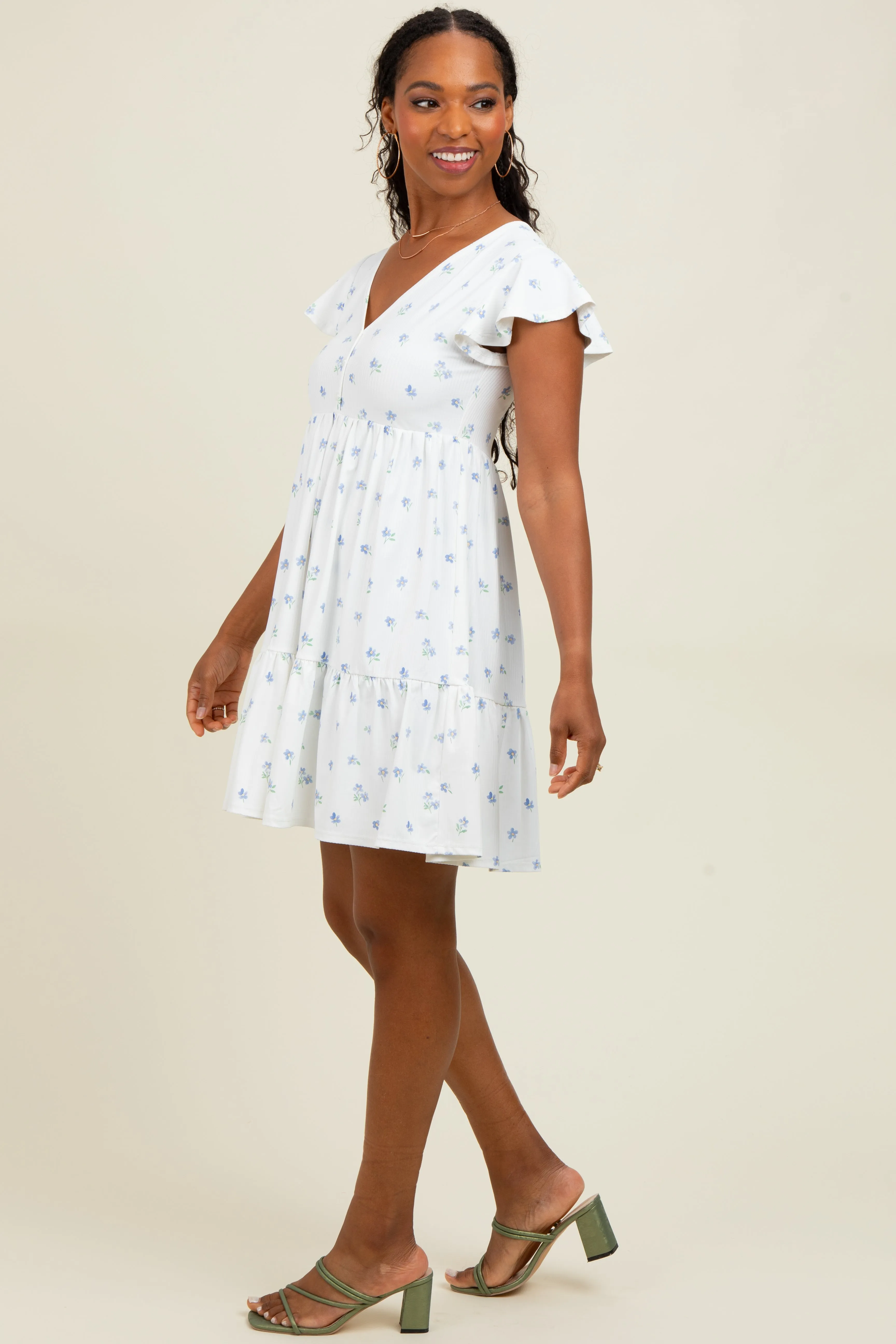 White Ruffle Sleeve Tiered Floral Knit Rib Mini Dress sold by Pinkblush product image thumbnail 3