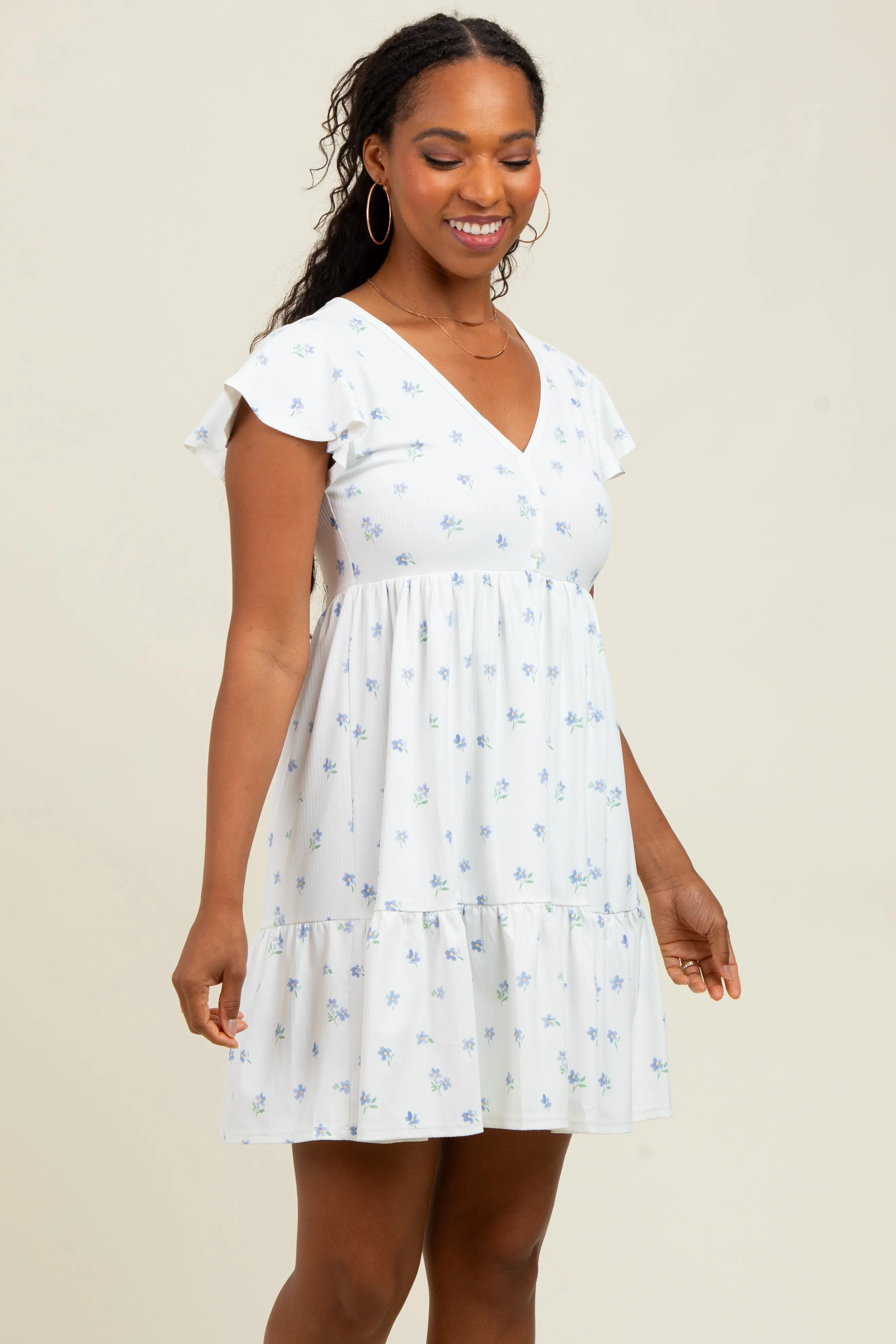 White Ruffle Sleeve Tiered Floral Knit Rib Mini Dress sold by Pinkblush