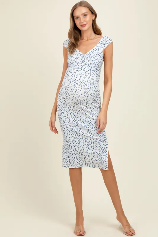 Blue Floral Ditsy Cap Sleeve Side Slit Maternity Midi Dress sold by Pinkblush