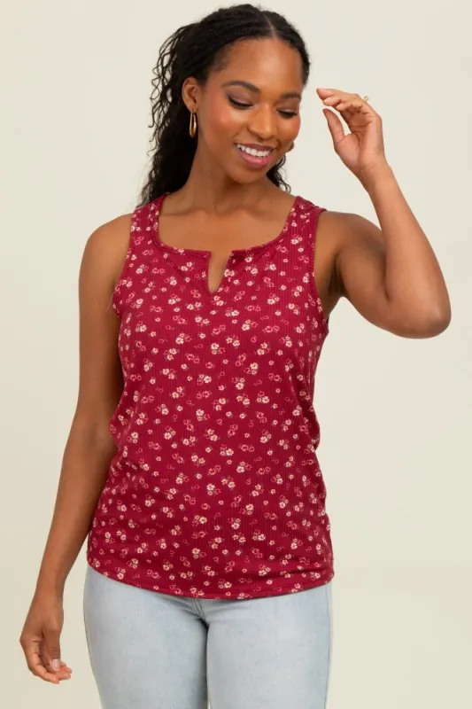 Burgundy Floral Ribbed Split Neck Tank Top sold by Pinkblush
