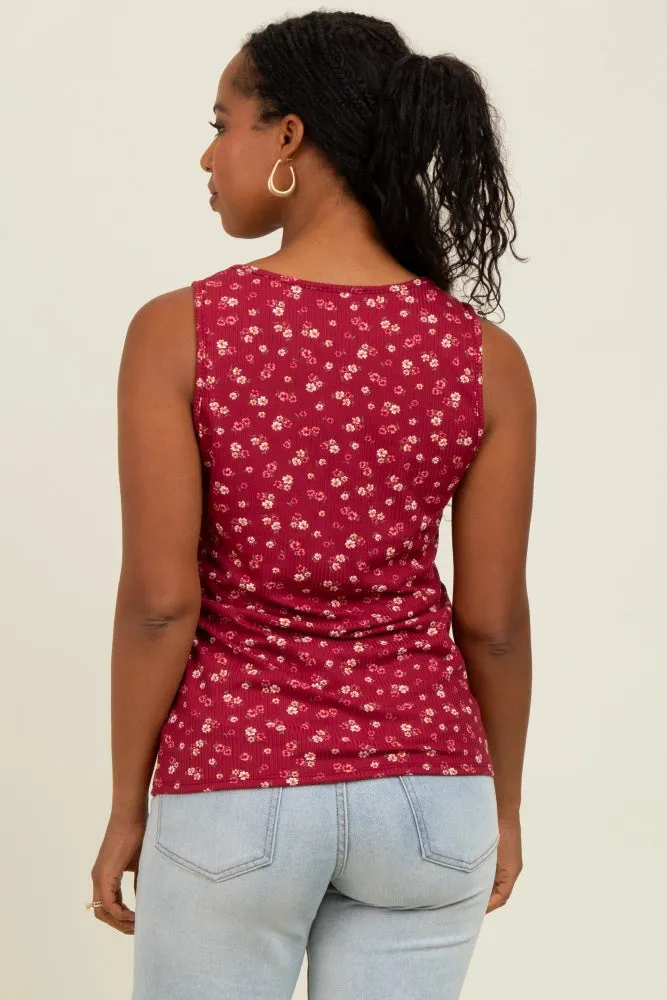 Burgundy Floral Ribbed Split Neck Tank Top sold by Pinkblush product image thumbnail 4