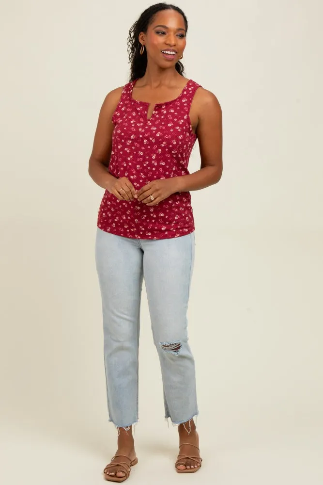 Burgundy Floral Ribbed Split Neck Tank Top sold by Pinkblush product image thumbnail 2