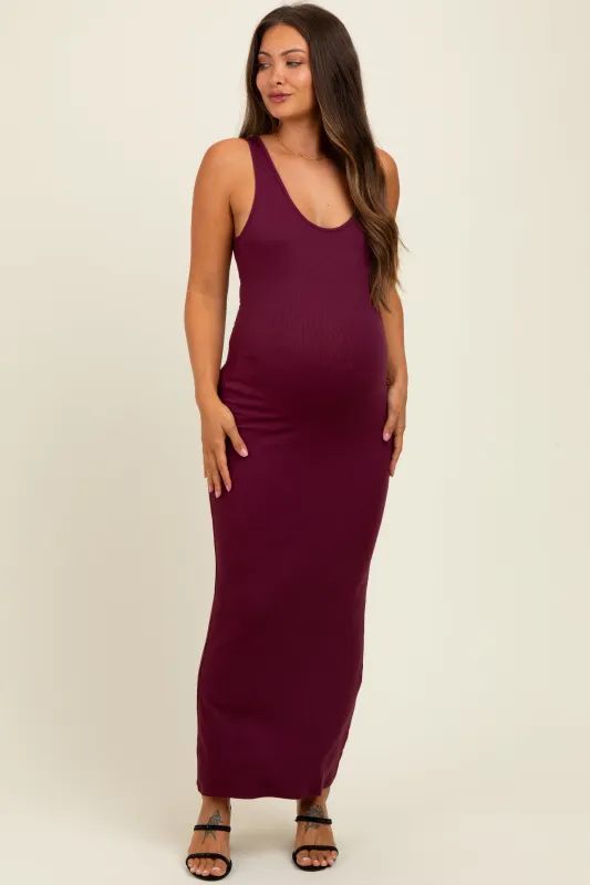 Wine Scoop Neck Sleeveless Rayon Rib Maternity Maxi Knit Dress sold by Pinkblush