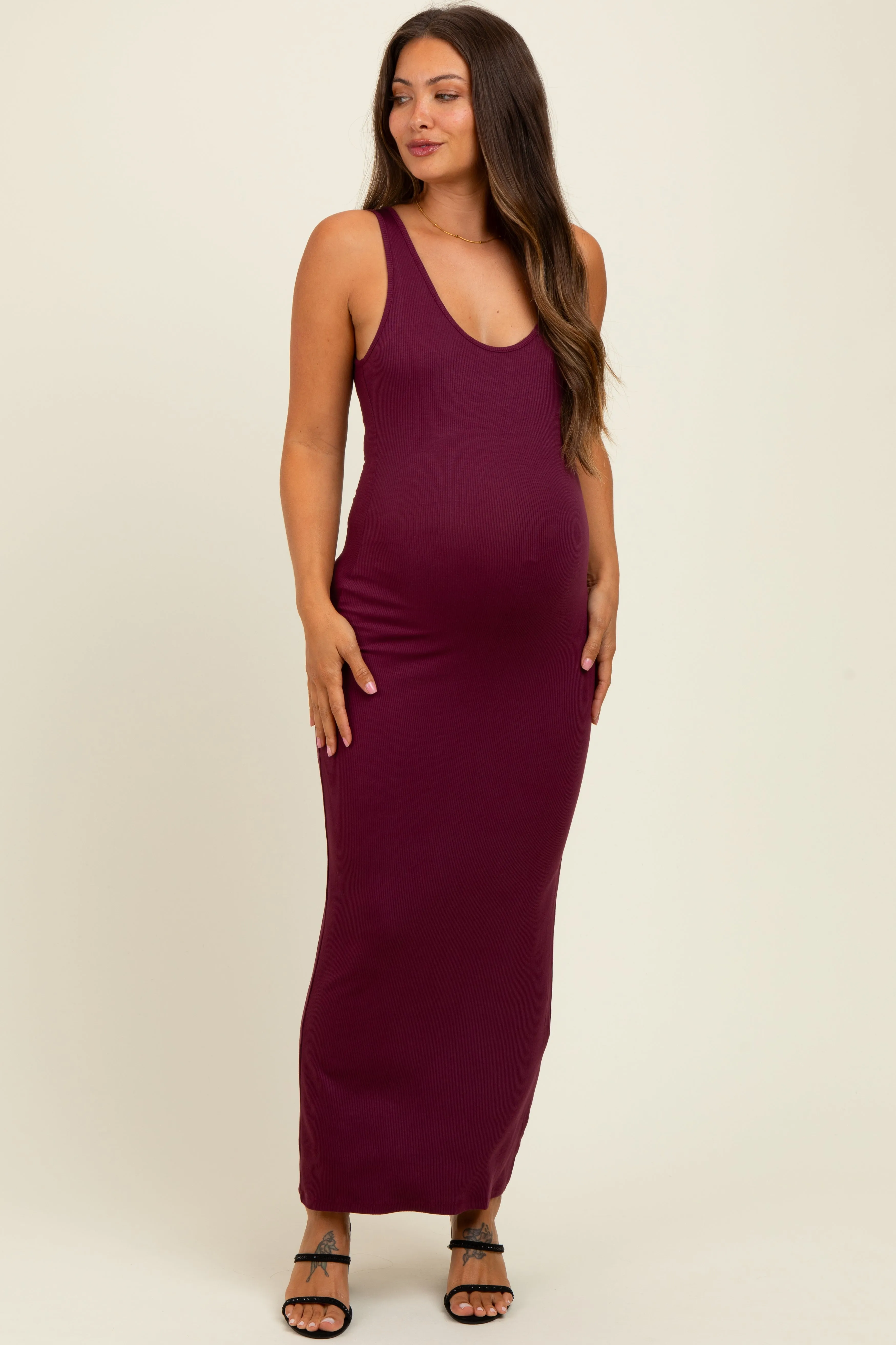Wine Scoop Neck Sleeveless Rayon Rib Maternity Maxi Knit Dress sold by Pinkblush