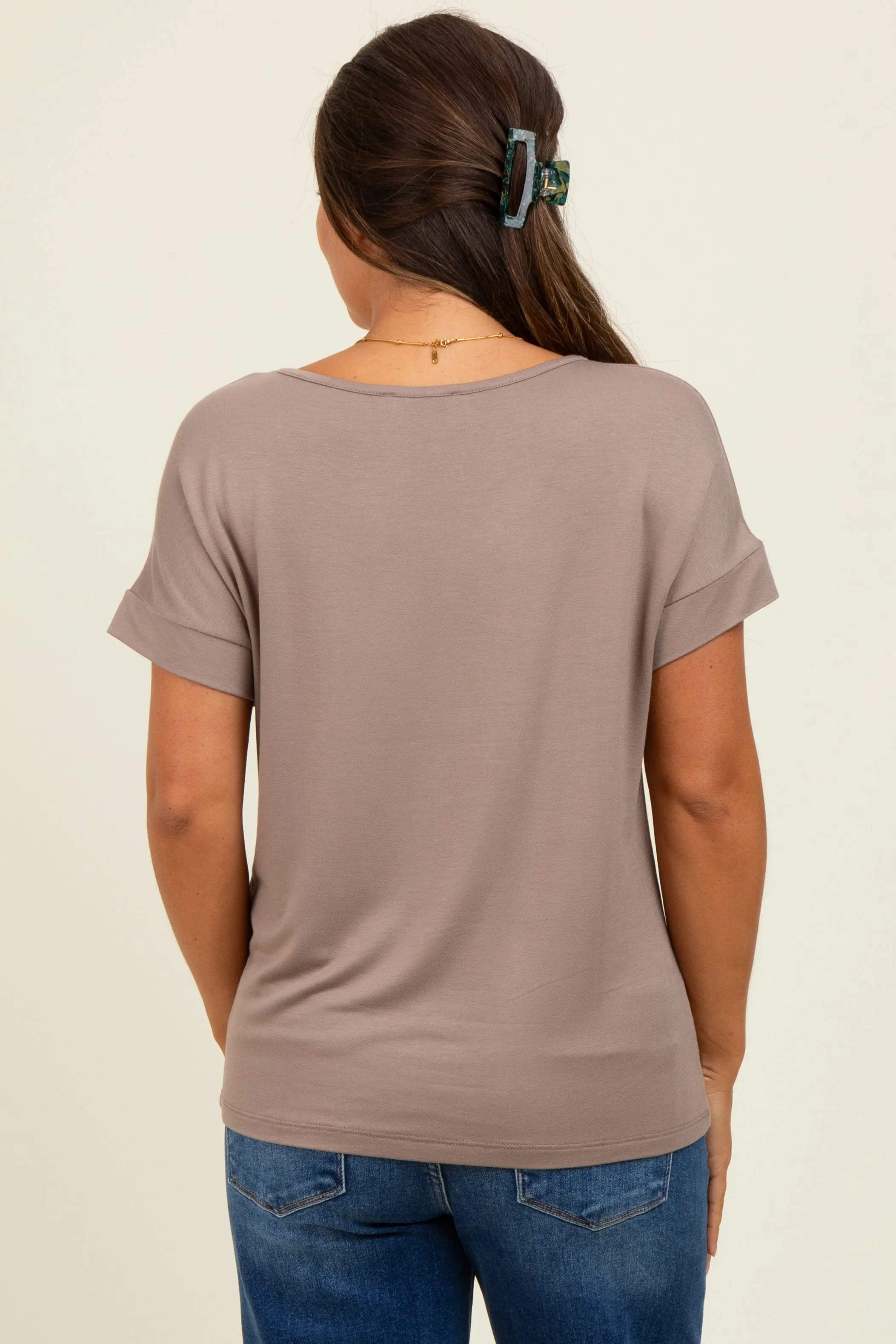 Light Taupe V-Neck Front Pocket Maternity Short Sleeve T-Shirt sold by Pinkblush product image thumbnail 3