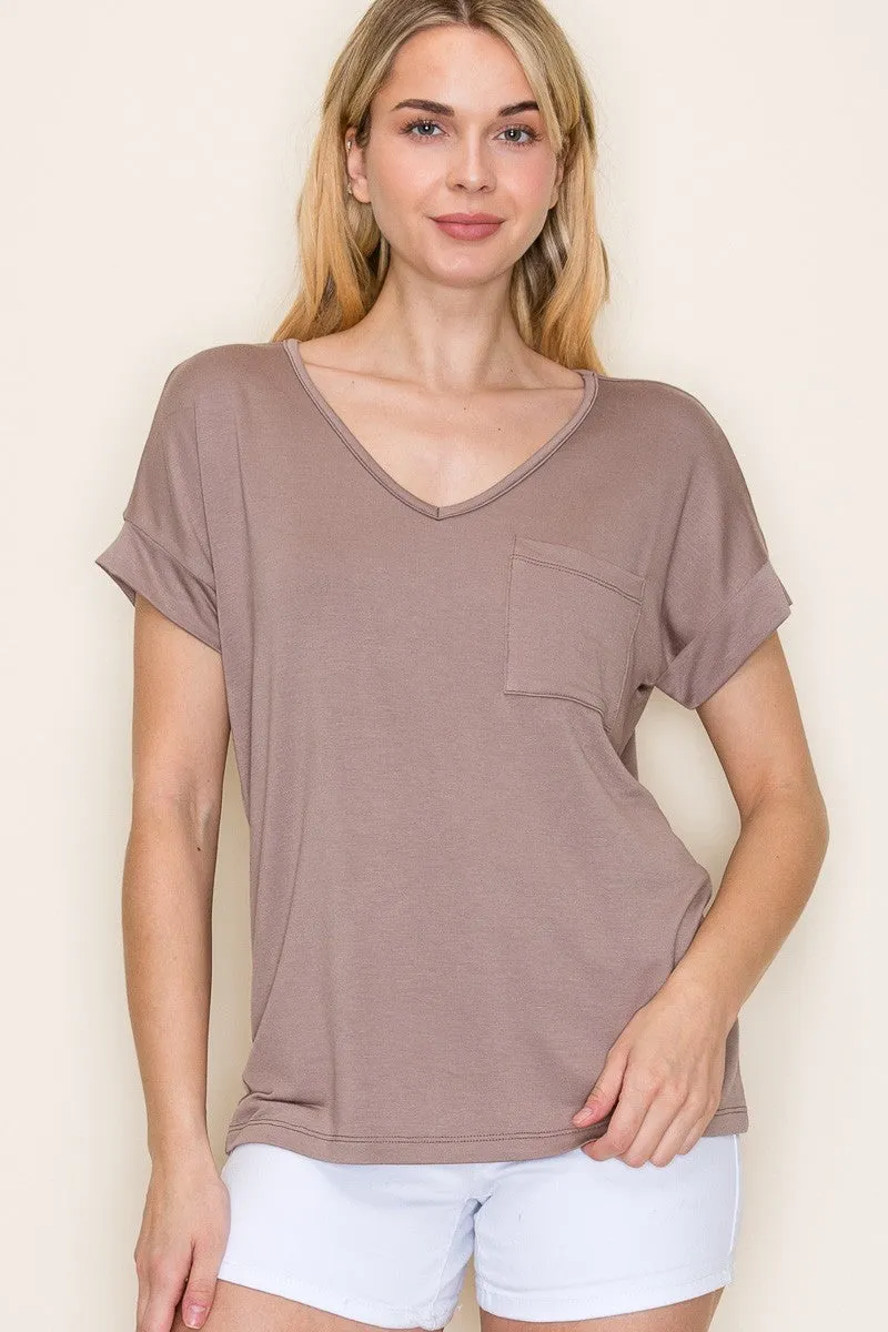 Light Taupe V-Neck Front Pocket Maternity Short Sleeve T-Shirt sold by Pinkblush product image thumbnail 4