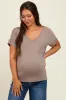 Light Taupe V-Neck Front Pocket Maternity Short Sleeve T-Shirt sold by Pinkblush