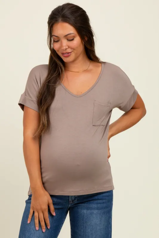Light Taupe V-Neck Front Pocket Maternity Short Sleeve T-Shirt sold by Pinkblush