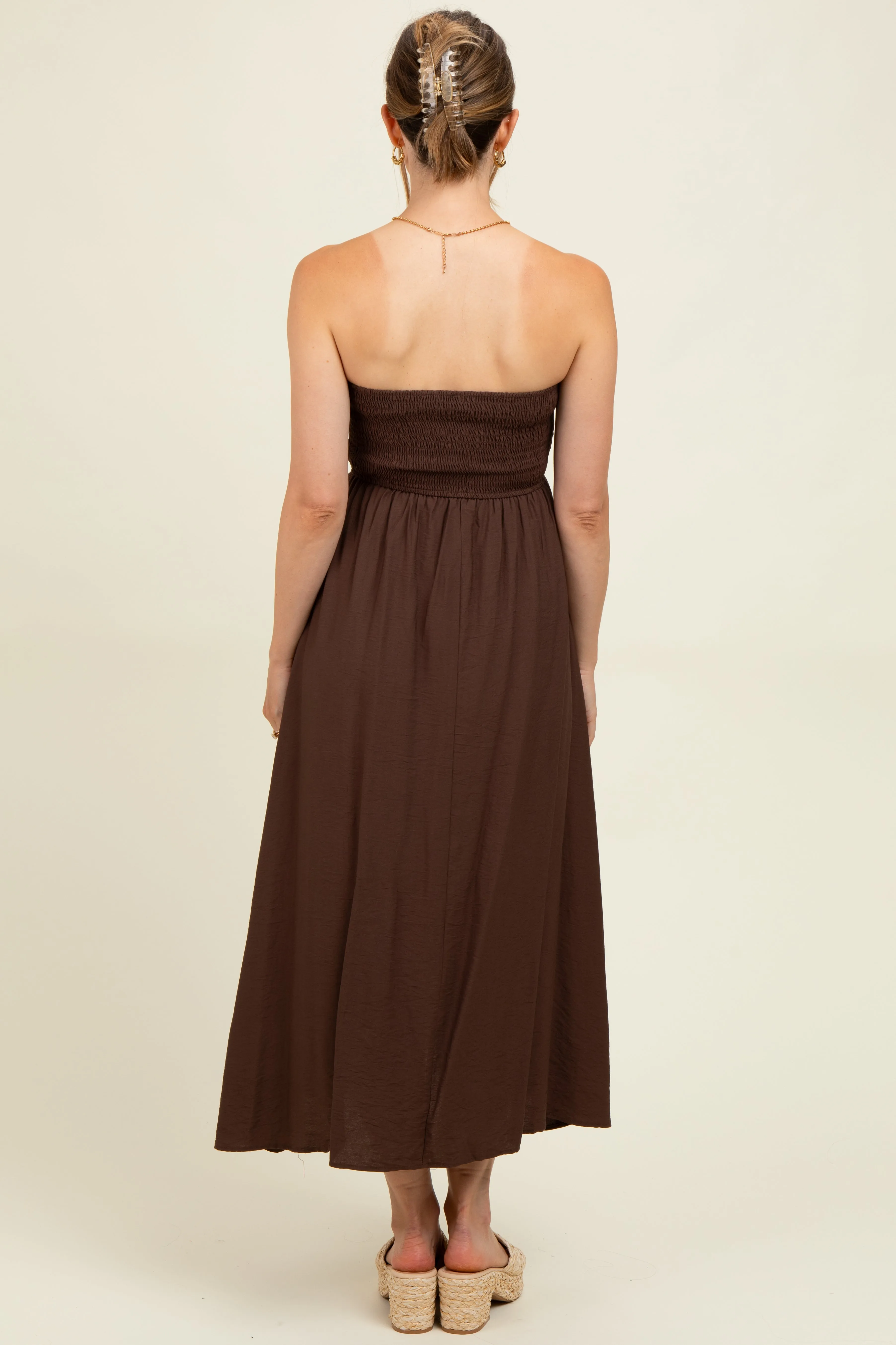 Brown Pleated Bodice Strapless Maternity Midi Dress sold by Pinkblush product image thumbnail 4